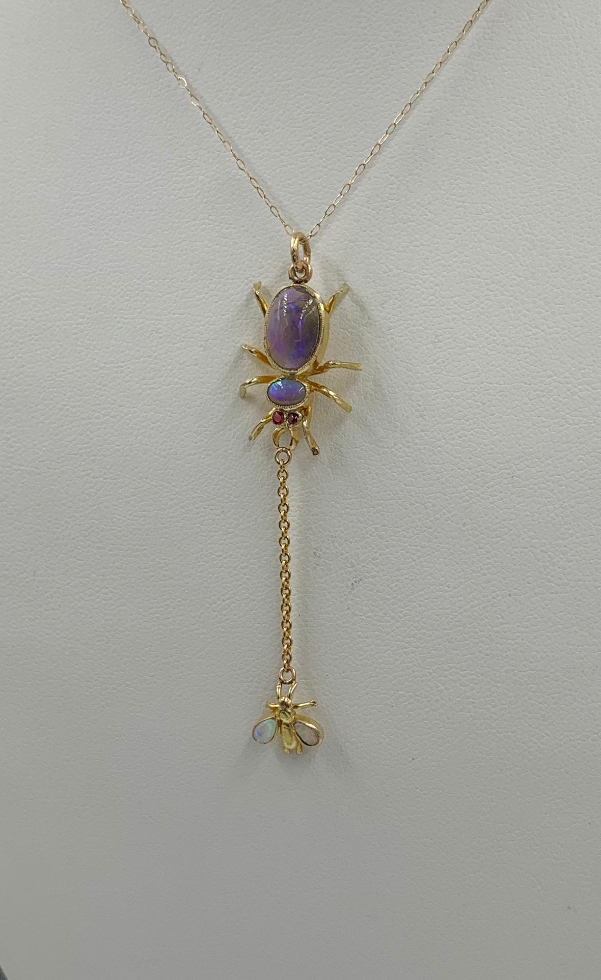 Art Deco Opal Ruby Spider and Fly Insect Pendant Gold Necklace In Good Condition In New York, NY