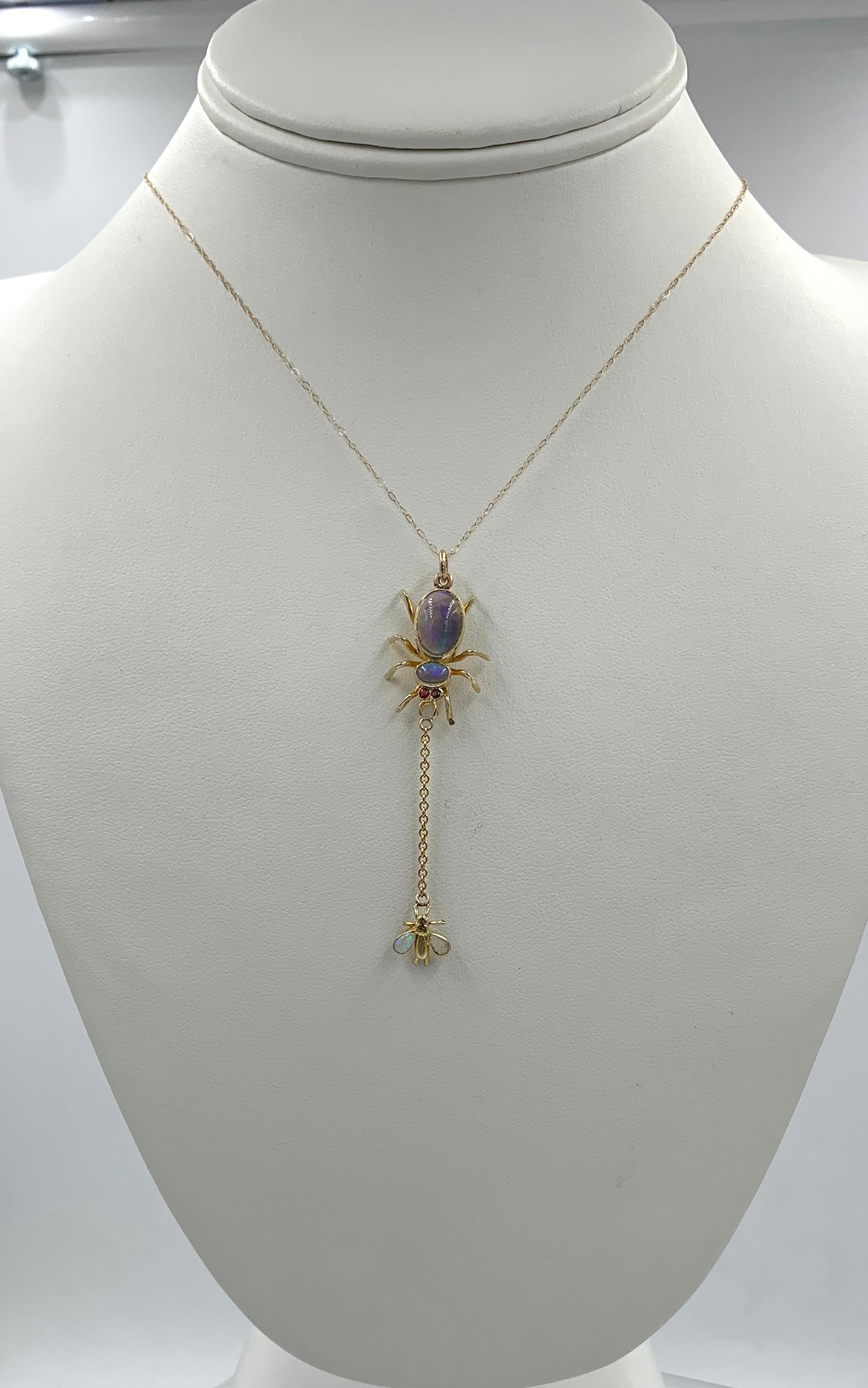 Art Deco Opal Ruby Spider and Fly Insect Pendant Gold Necklace 2