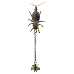 Art Deco Opal Ruby Spider and Fly Insect Pendant Gold Necklace