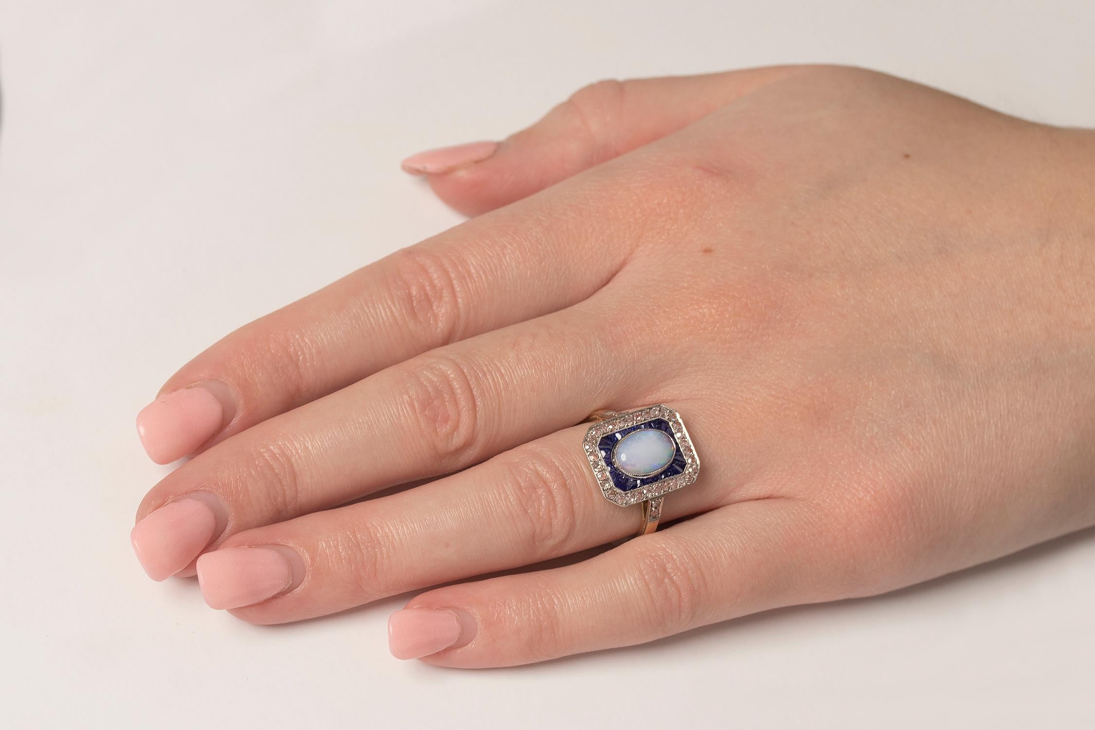 Art Deco Opal, Sapphire and Pink Diamond Cluster Ring, circa 1920s In Excellent Condition In London, GB