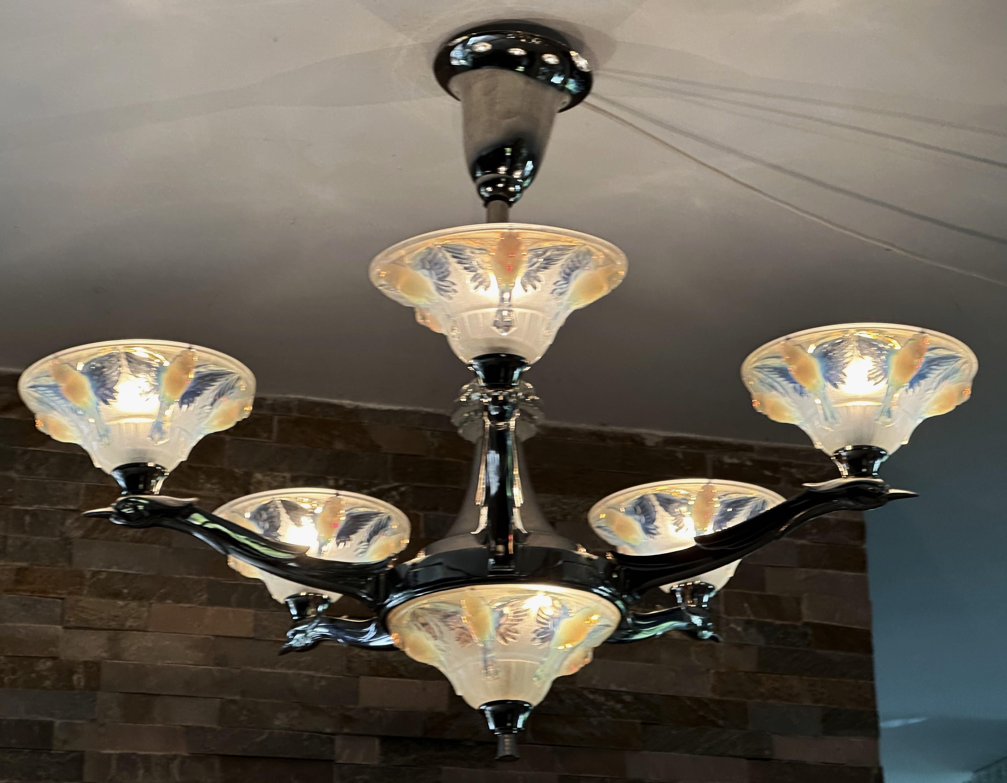 Art Deco Opalescent Chandelier by Boris Lacroix, France 1935 For Sale 7
