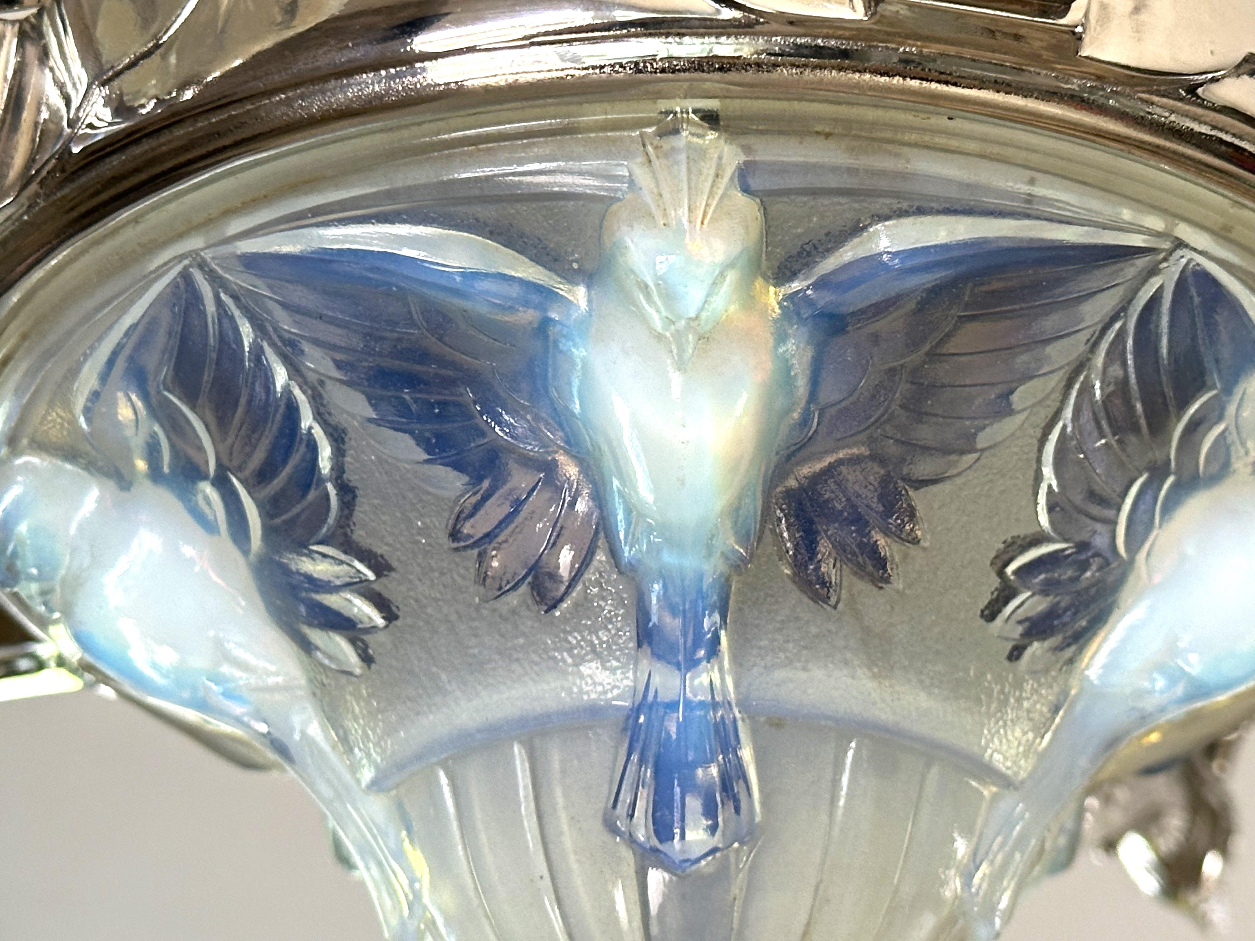 Bronze Art Deco Opalescent Chandelier by Boris Lacroix, France 1935 For Sale