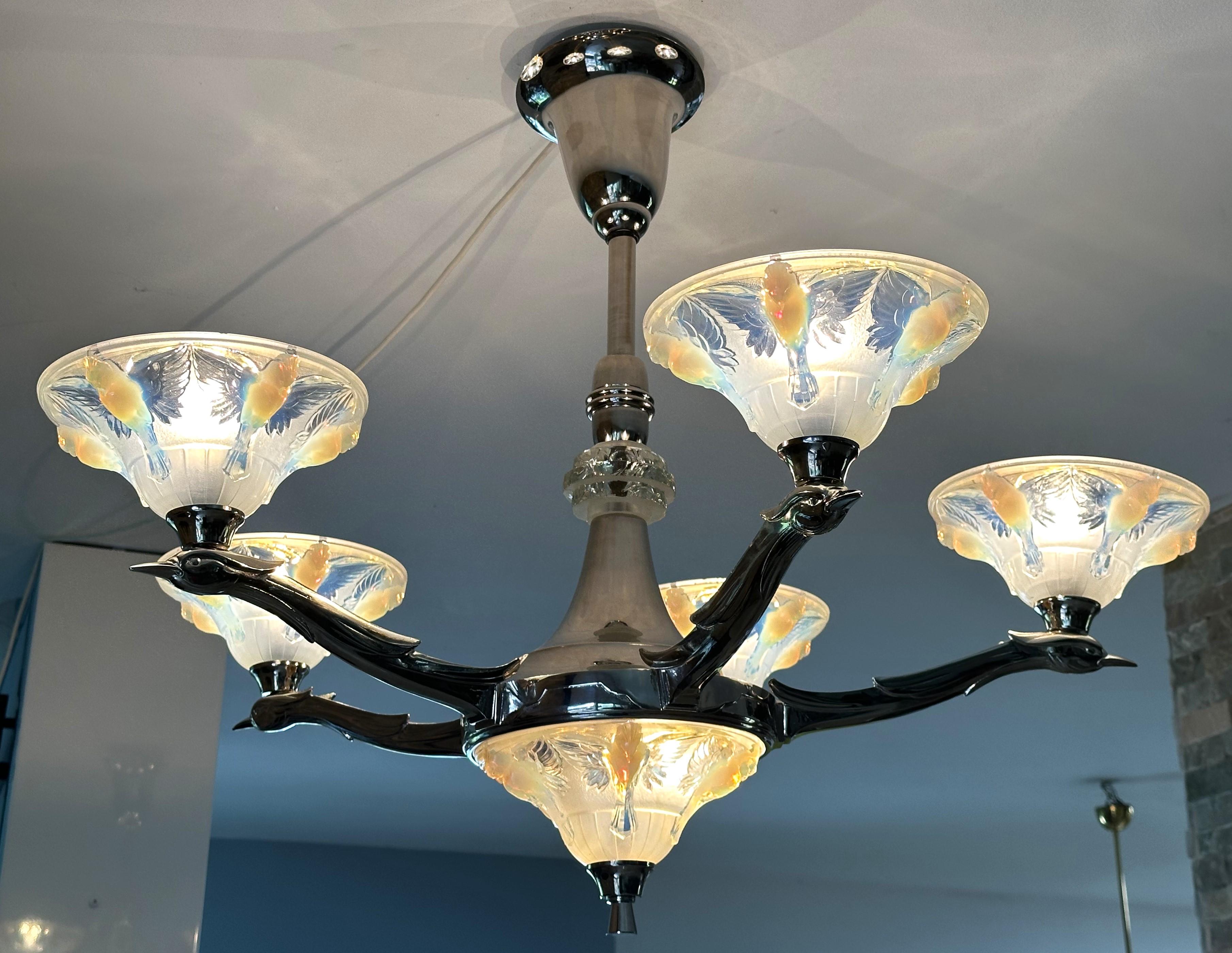 Art Deco Opalescent Chandelier by Boris Lacroix, France 1935 For Sale 2