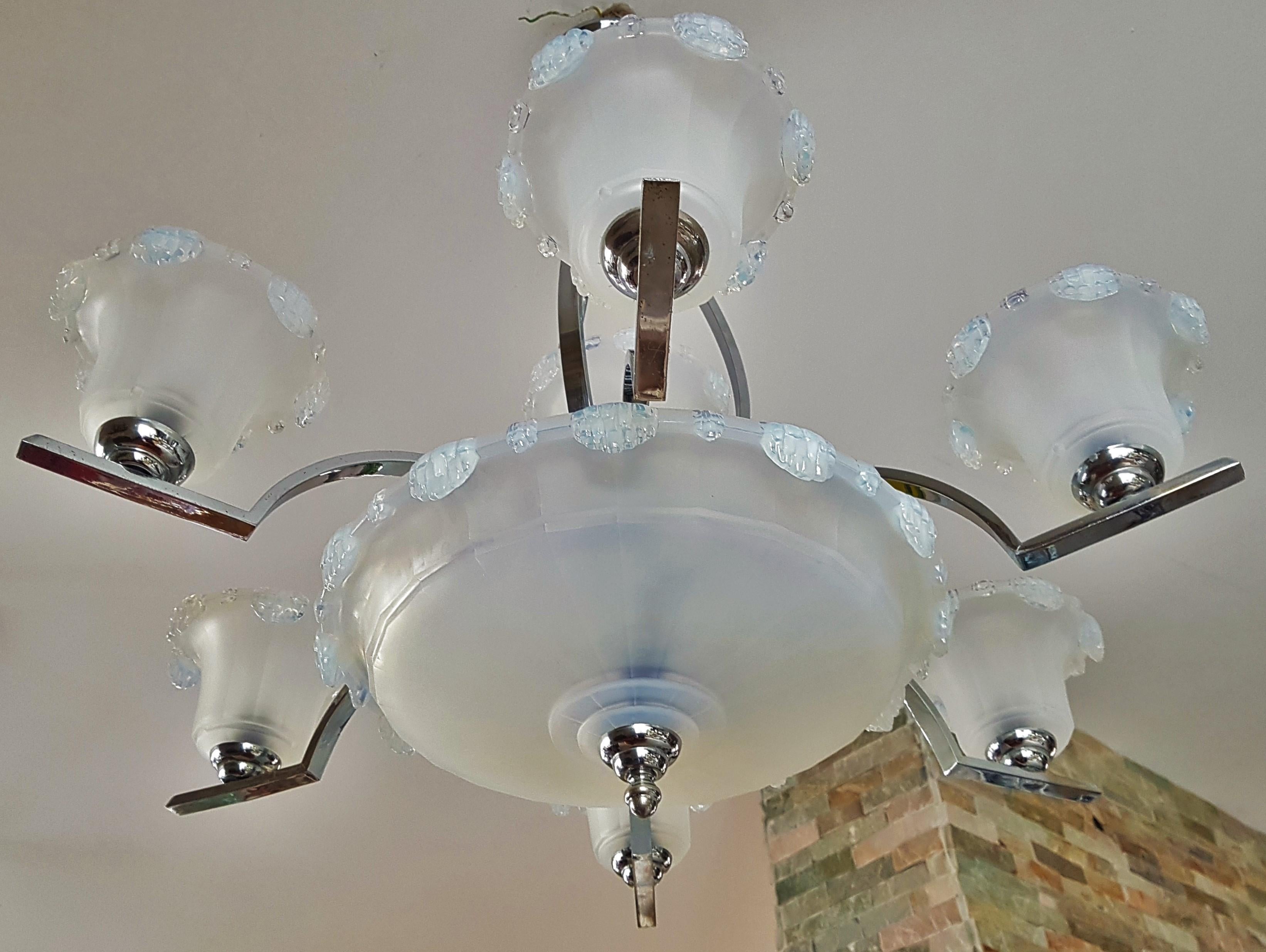 Art Deco Opalescent Glass and Chrome Chandelier by Ezan & Petitot, France 1930s For Sale 4