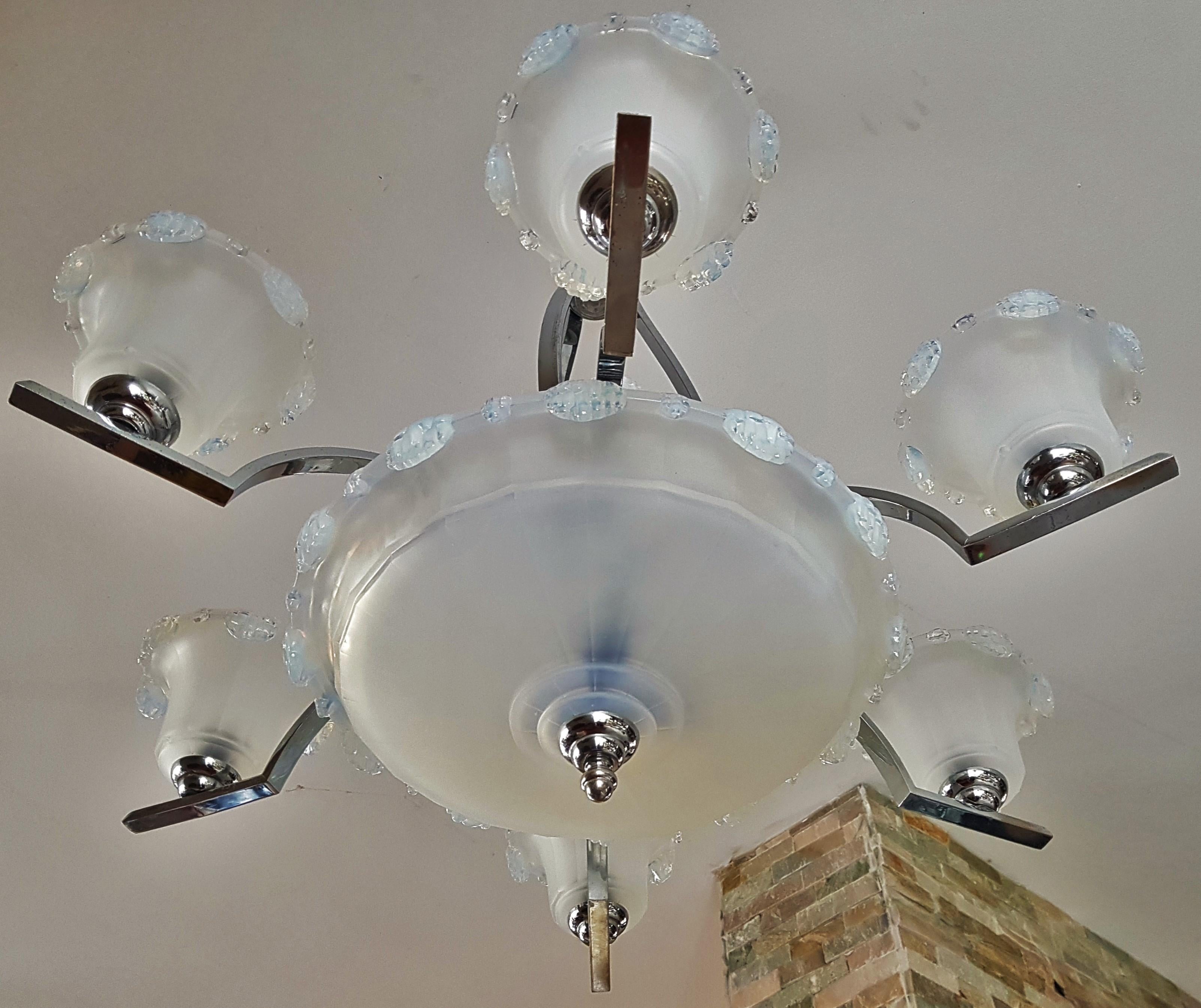 Art Deco Opalescent Glass and Chrome Chandelier by Ezan & Petitot, France 1930s For Sale 5