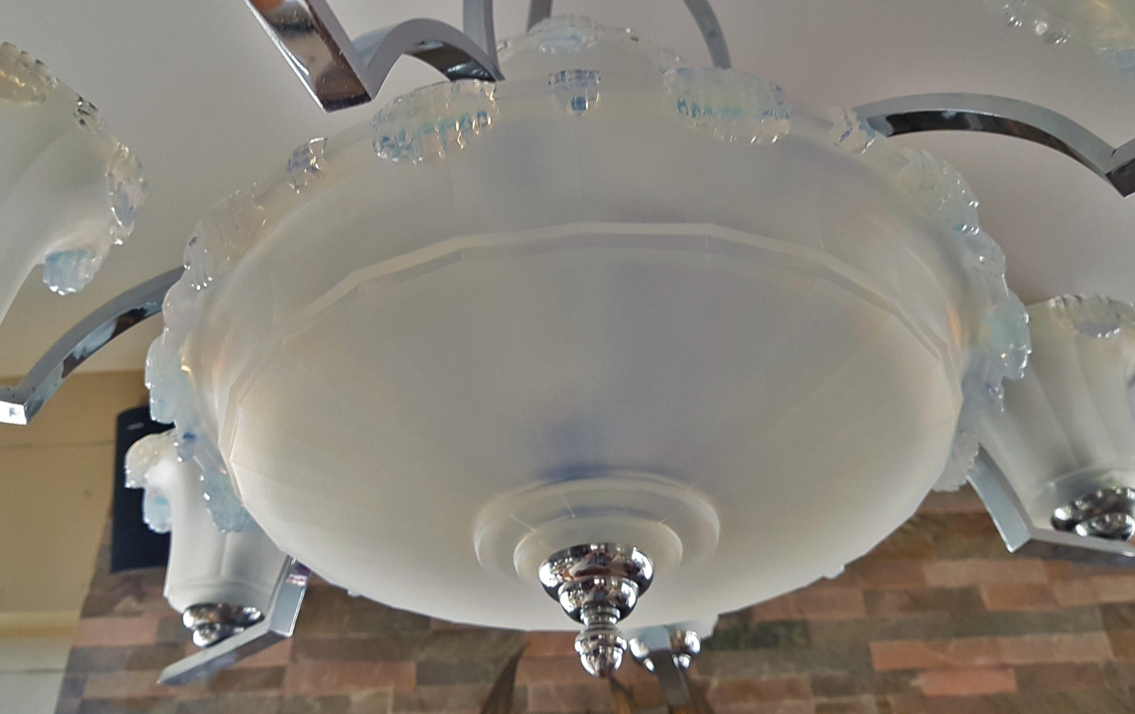 Art Deco Opalescent Glass and Chrome Chandelier by Ezan & Petitot, France 1930s For Sale 11