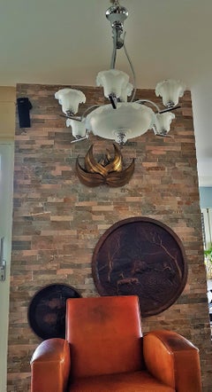 Art Deco Opalescent Glass and Chrome Chandelier by Ezan & Petitot, France 1930s