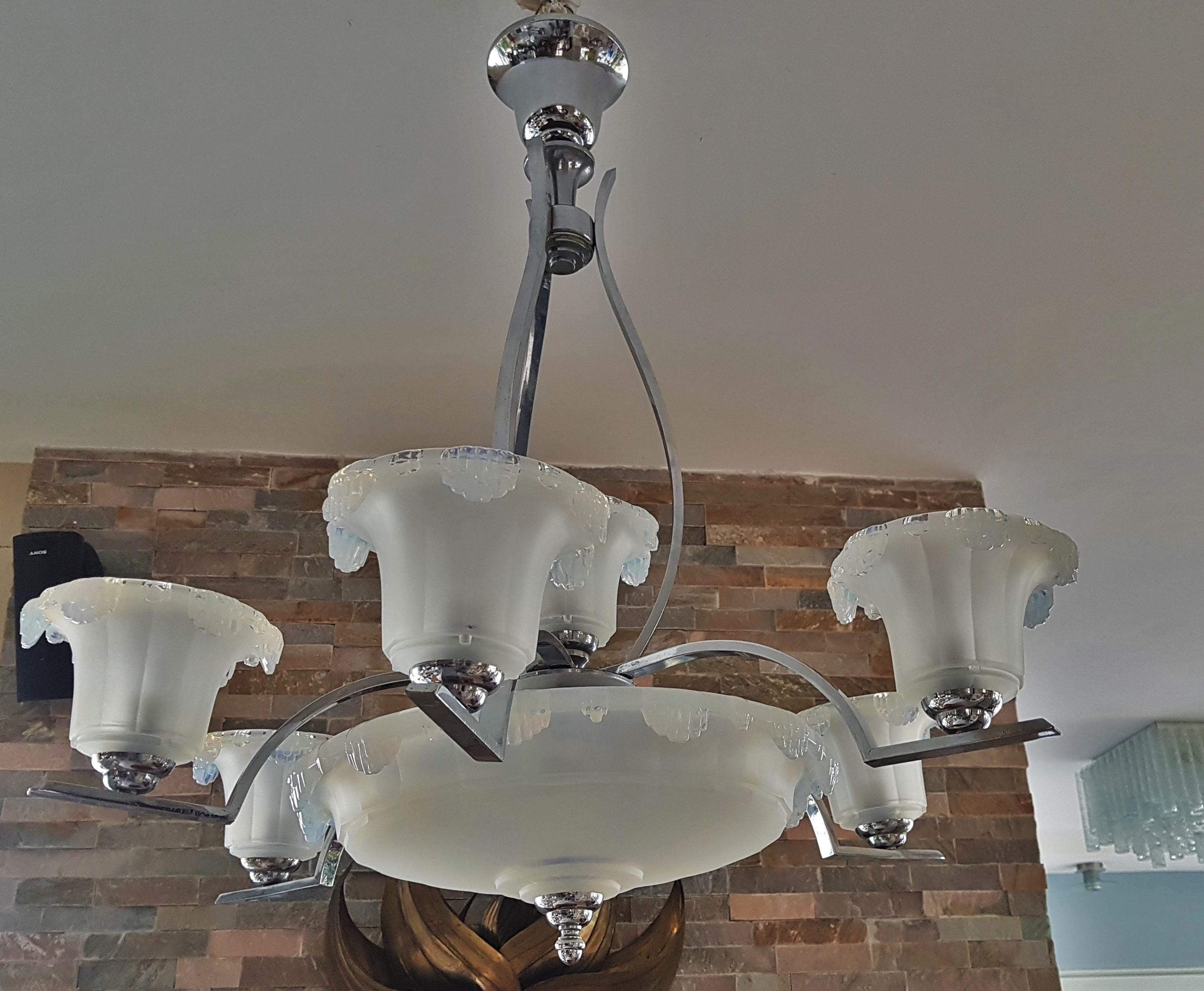 Art Glass Art Deco Opalescent Glass and Chrome Chandelier by Ezan & Petitot, France 1930s For Sale