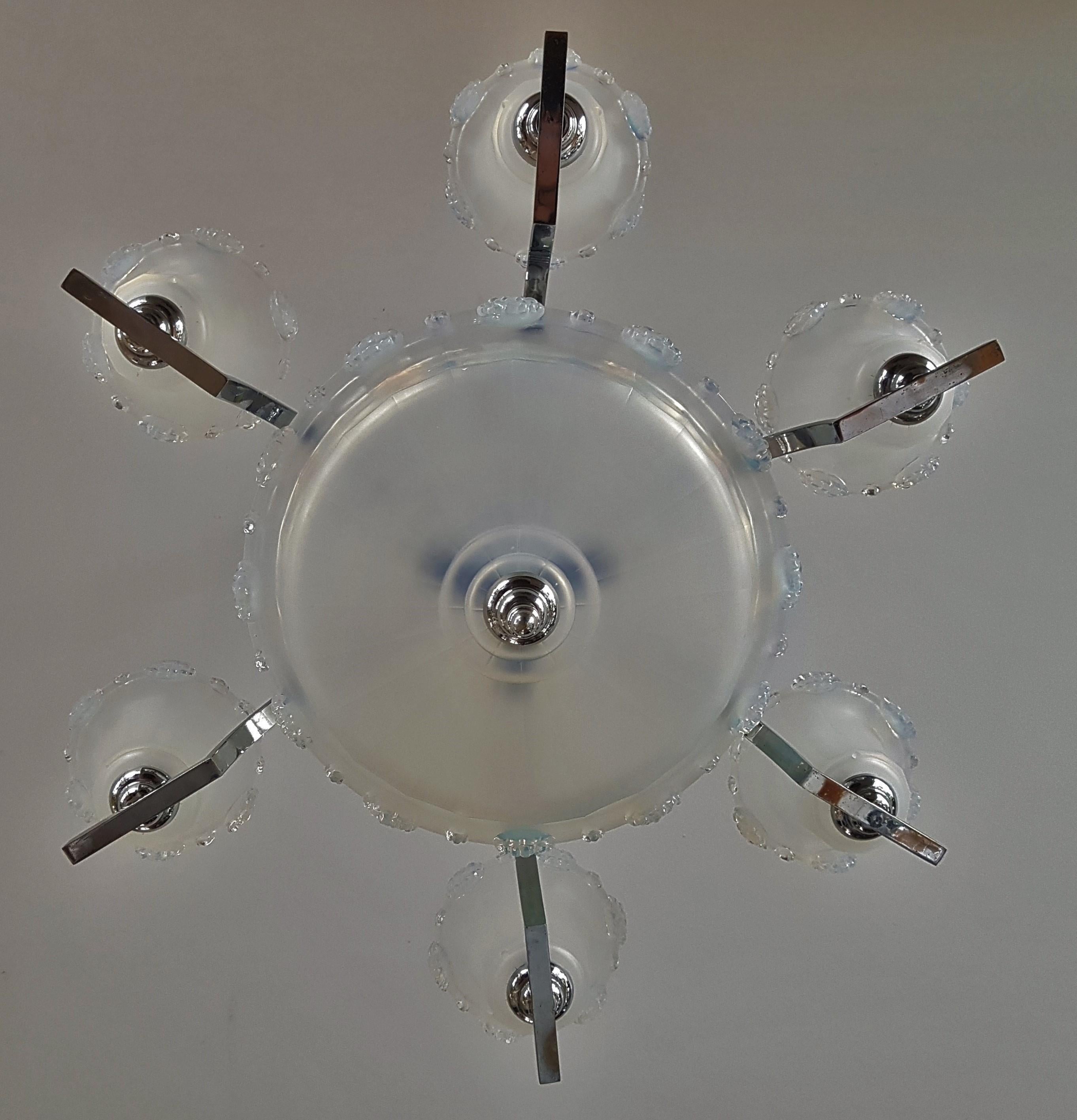 Art Deco Opalescent Glass and Chrome Chandelier by Ezan & Petitot, France 1930s For Sale 1