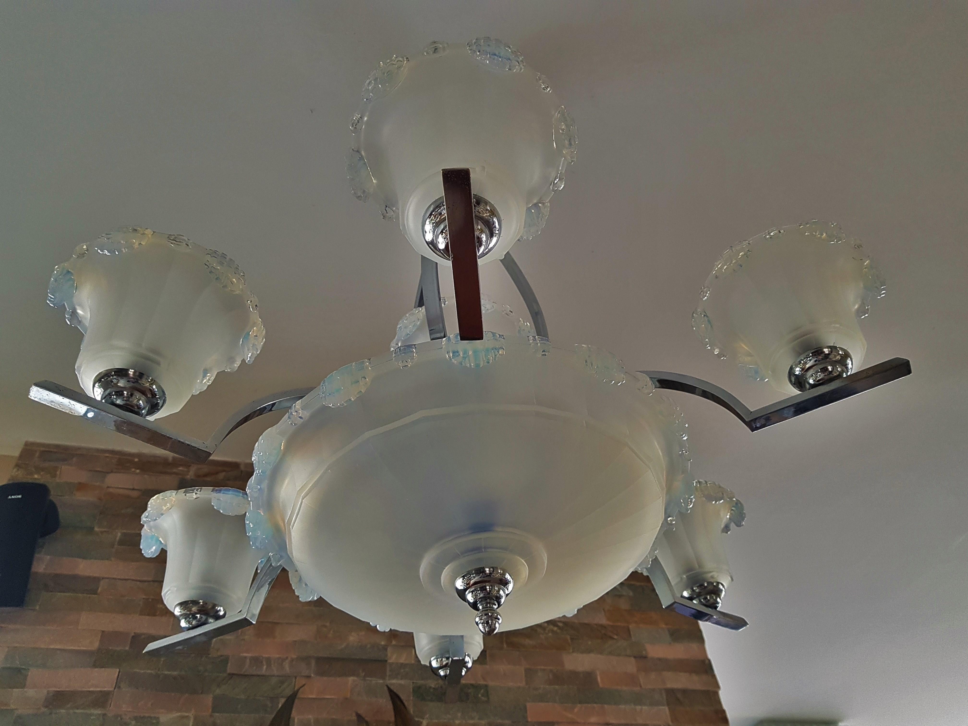 Art Deco Opalescent Glass and Chrome Chandelier by Ezan & Petitot, France 1930s For Sale 2