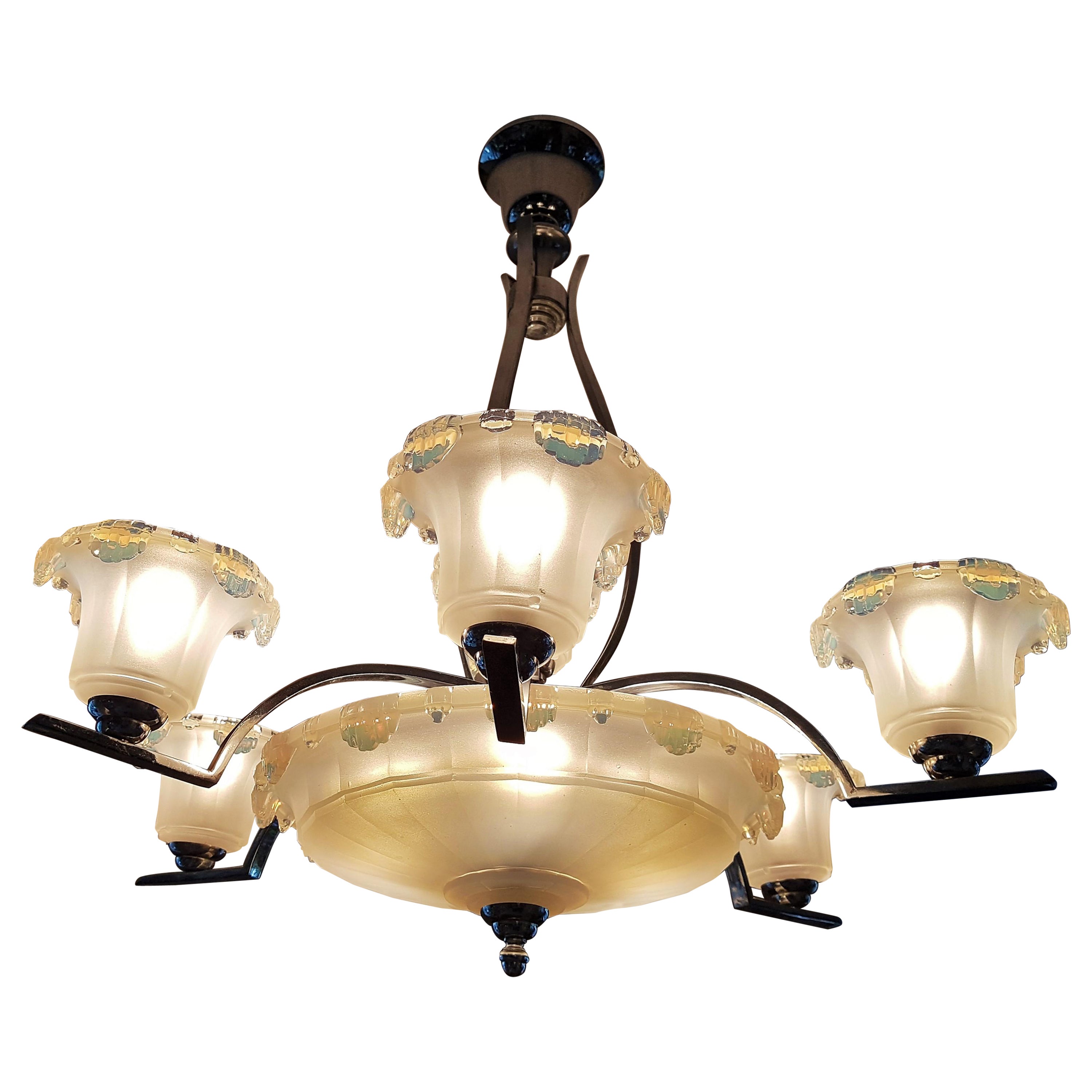 Art Deco Opalescent Glass and Chrome Chandelier by Ezan & Petitot, France 1930s