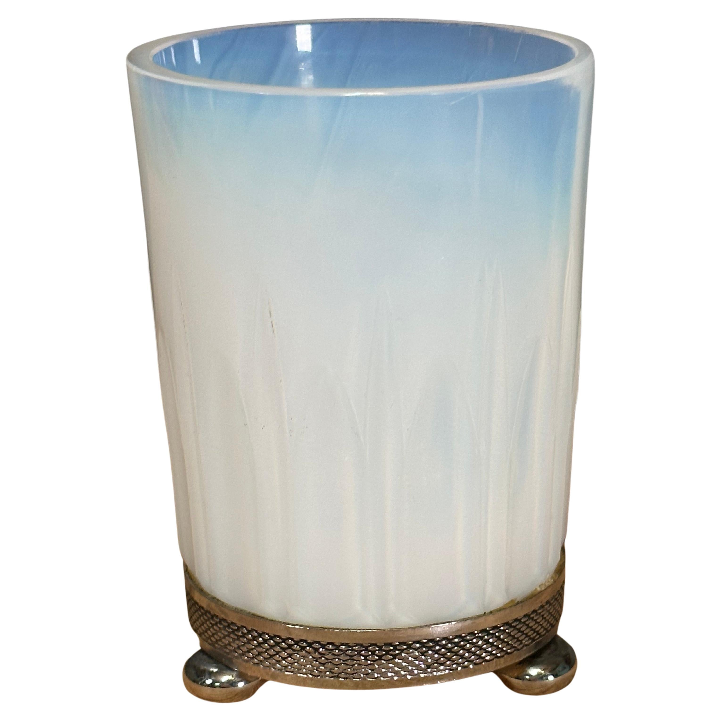 Art Deco Opalescent Glass and Silver Bowl, Vase style Lalique, Sabino. France