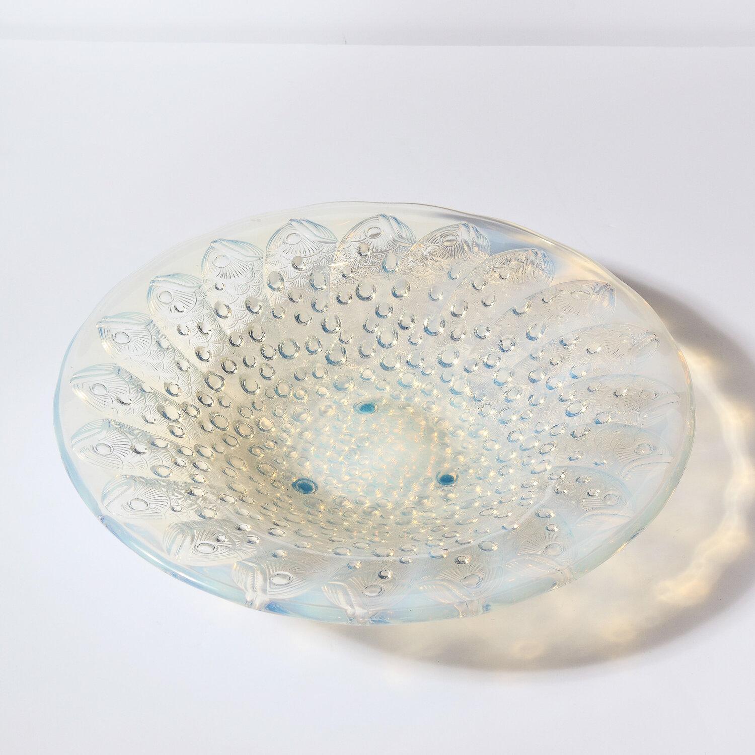 French Art Deco Opalescent Glass Center Bowl with Repeating Fish Motif by Lalique For Sale