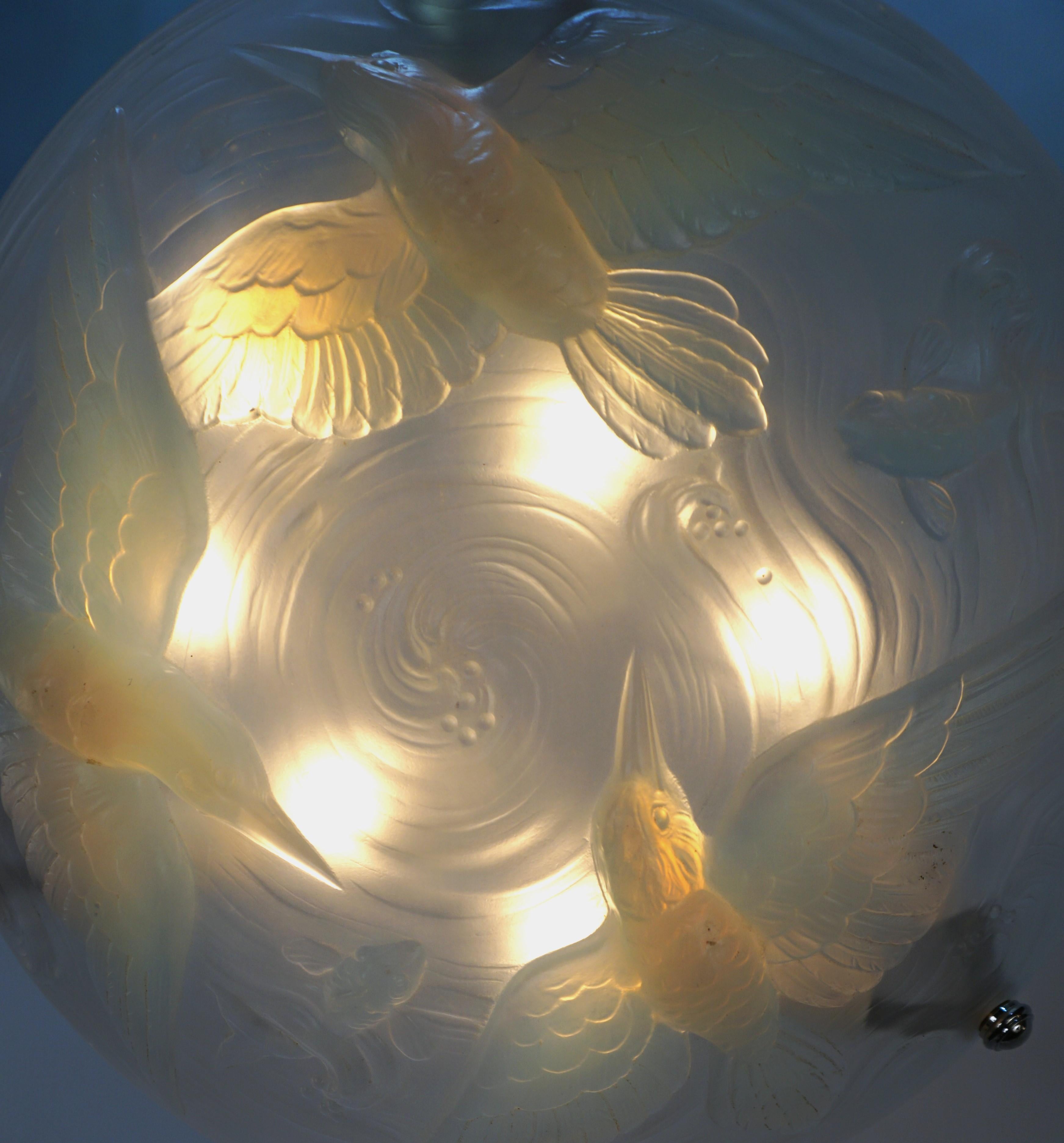 French Art Deco Opalescent Glass Kingfisher Birds Chandelier  #2 For Sale