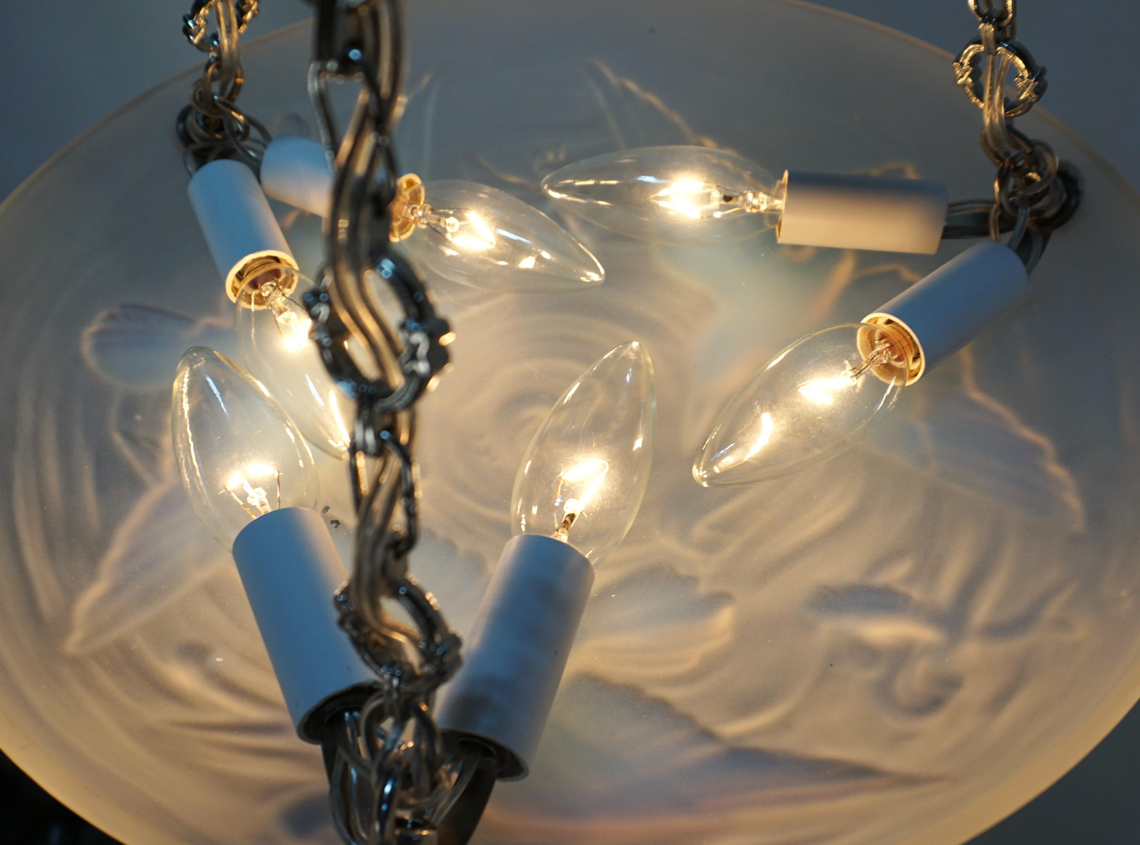 Opaline Glass Art Deco Opalescent Glass Kingfisher Birds Chandelier  #2 For Sale