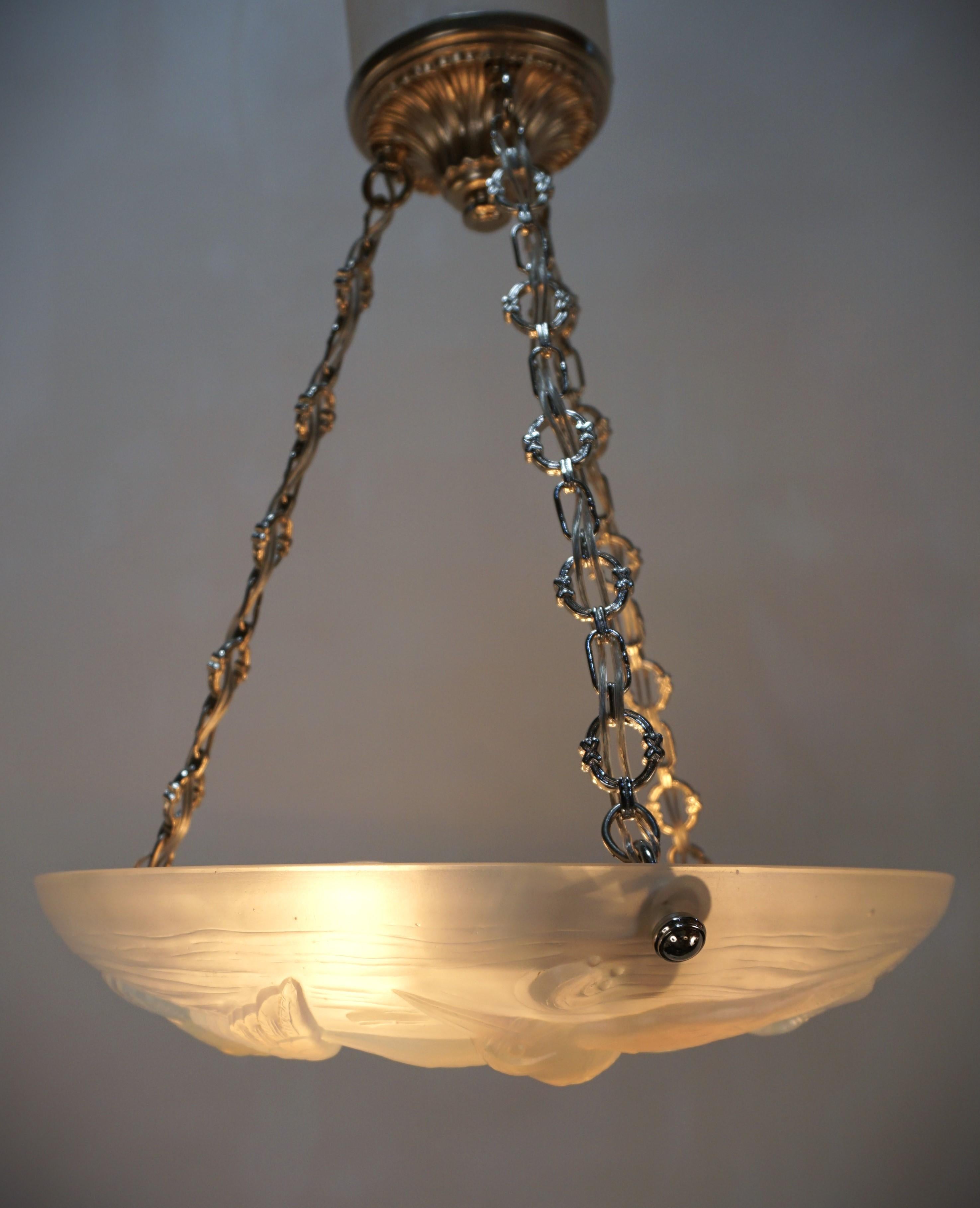 Art Deco Opalescent Glass Kingfisher Birds Chandelier  #2 For Sale 1