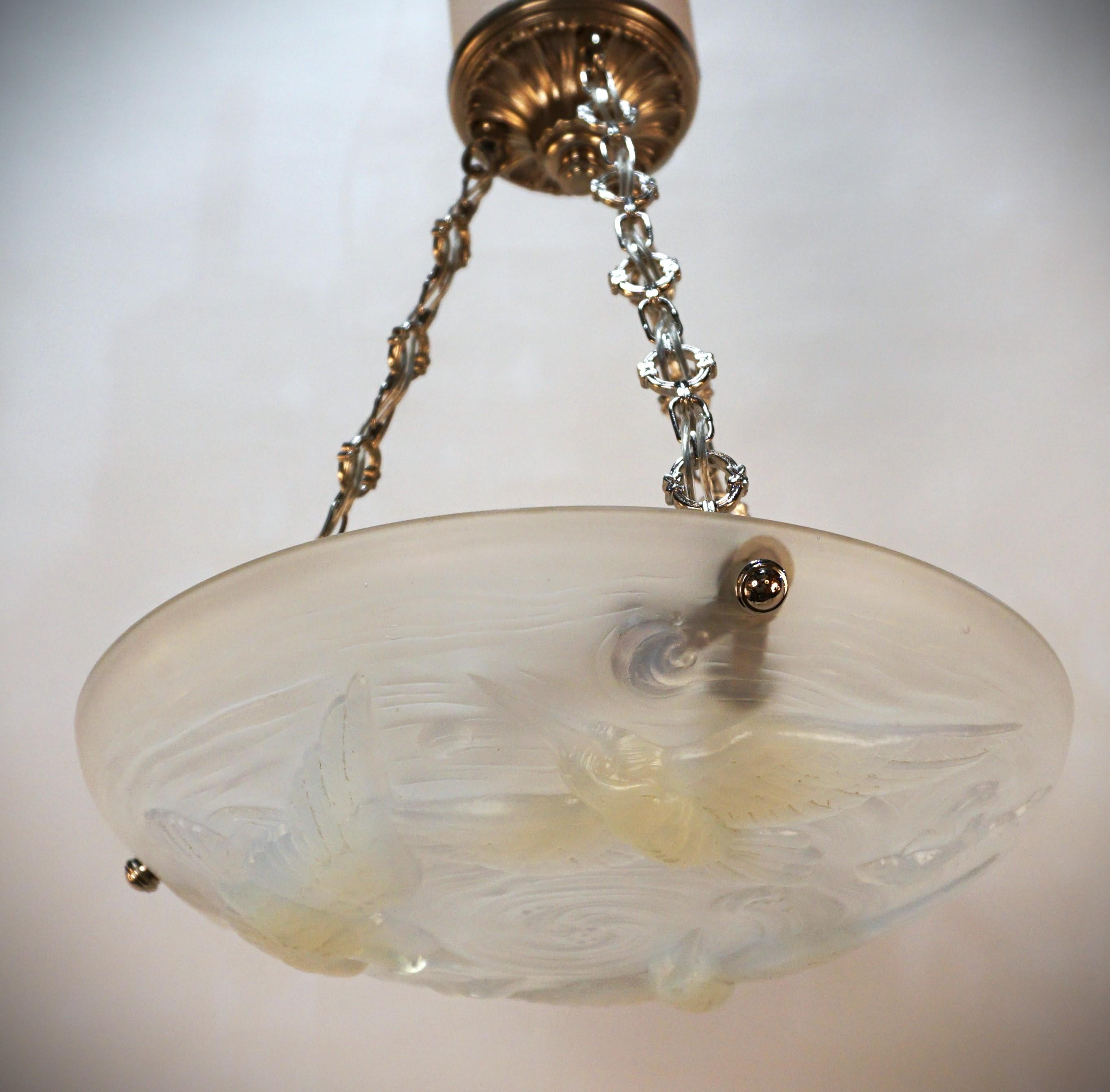 Art Deco Opalescent Glass Kingfisher Birds Chandelier  #2 For Sale 2