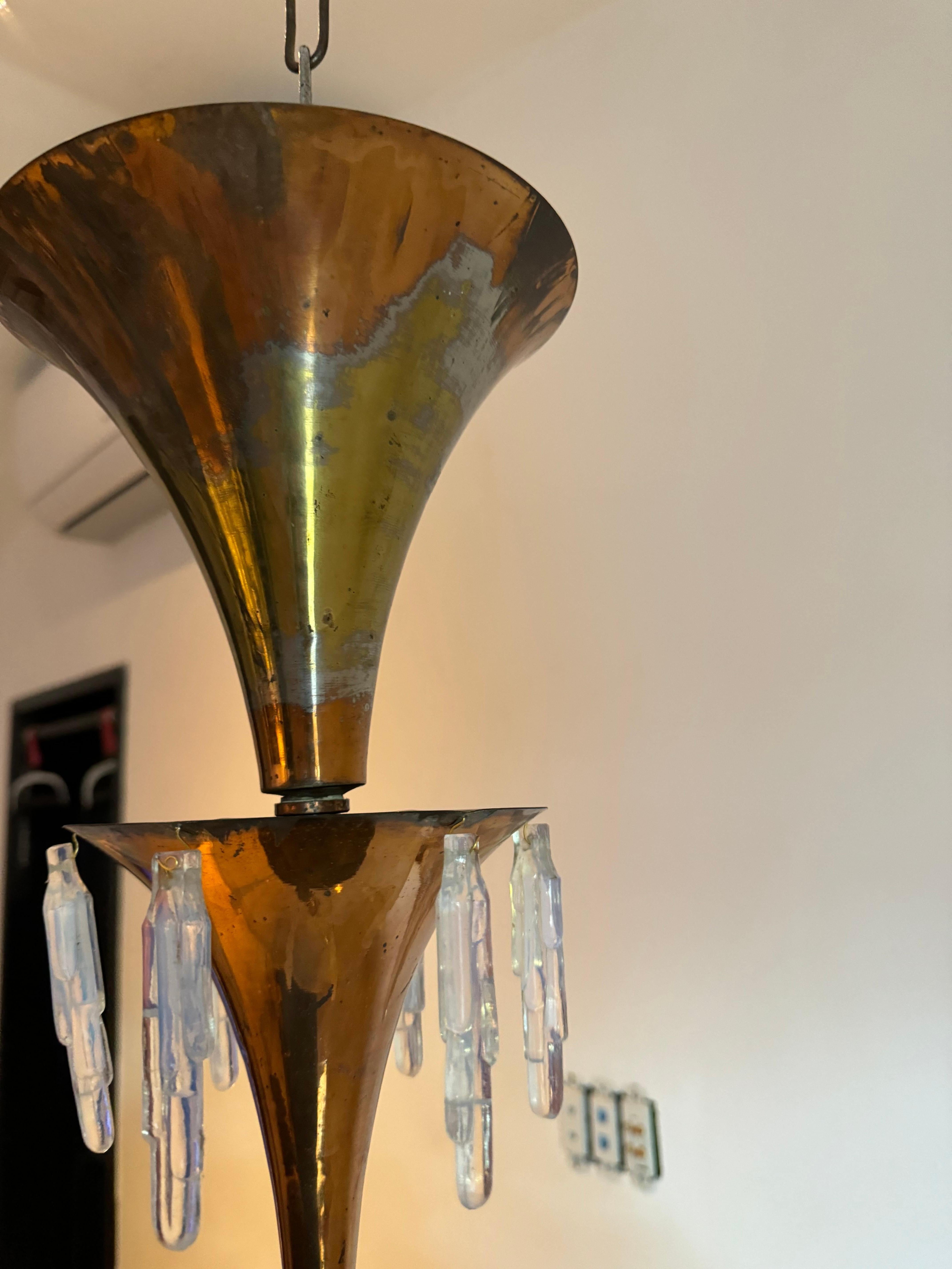 French Art Deco Opalescent Glass Pendant Light, France circa 1940 For Sale