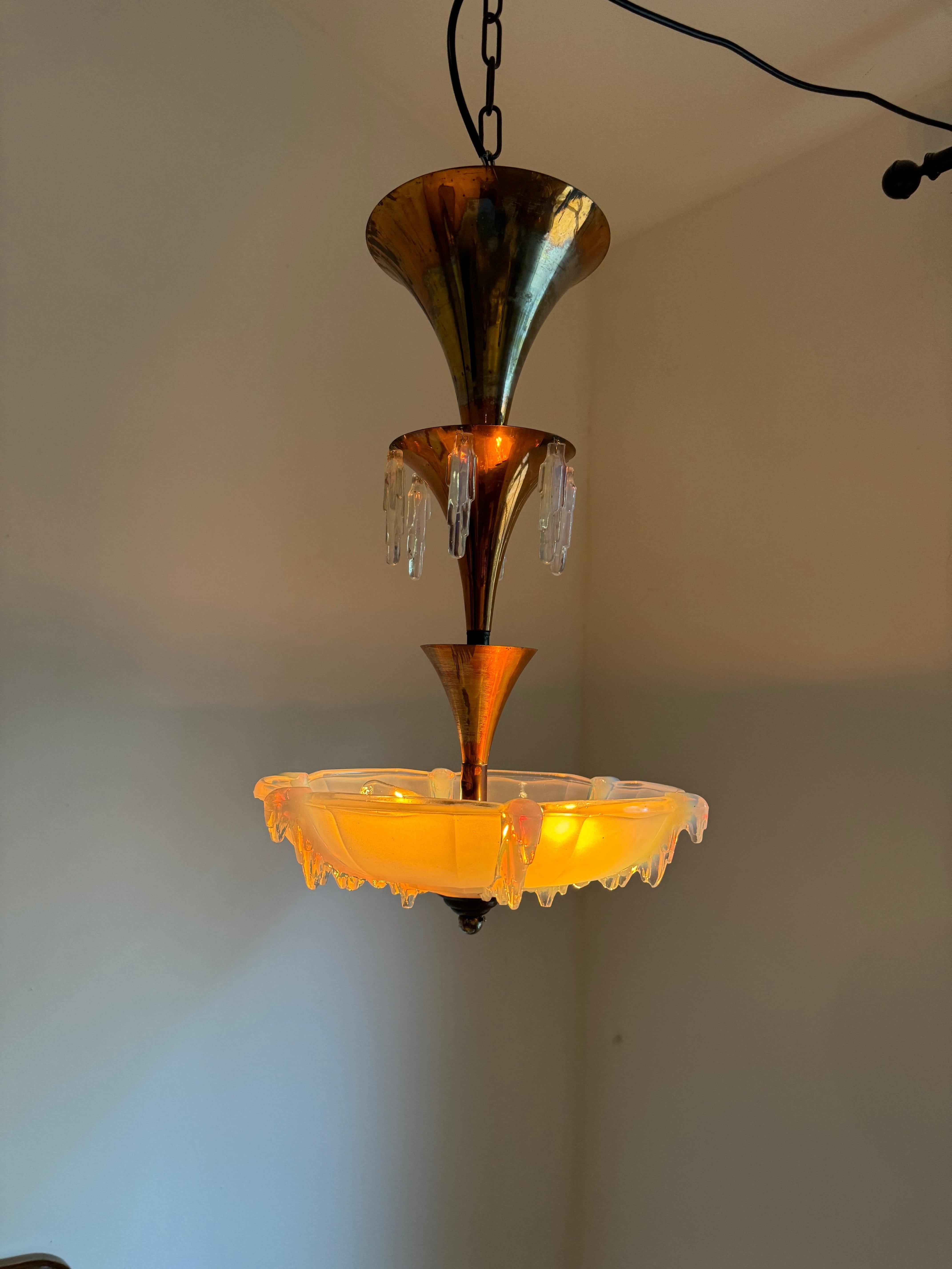 Early 20th Century Art Deco Opalescent Glass Pendant Light, France circa 1940 For Sale