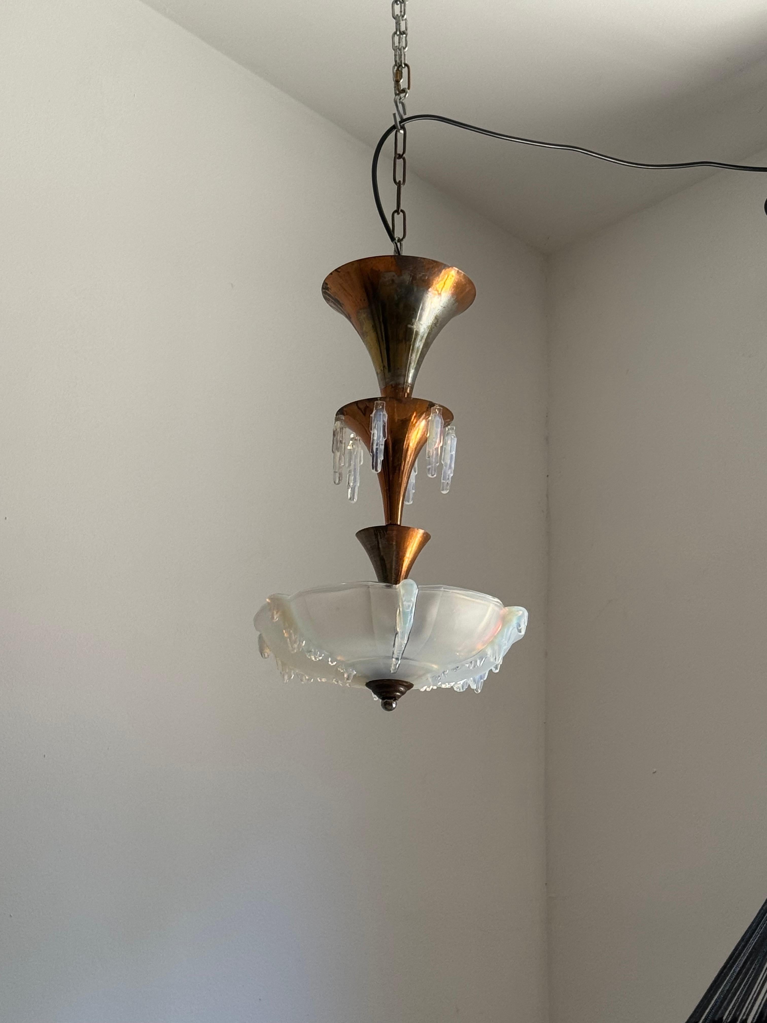 Art Deco Opalescent Glass Pendant Light, France circa 1940 For Sale 2