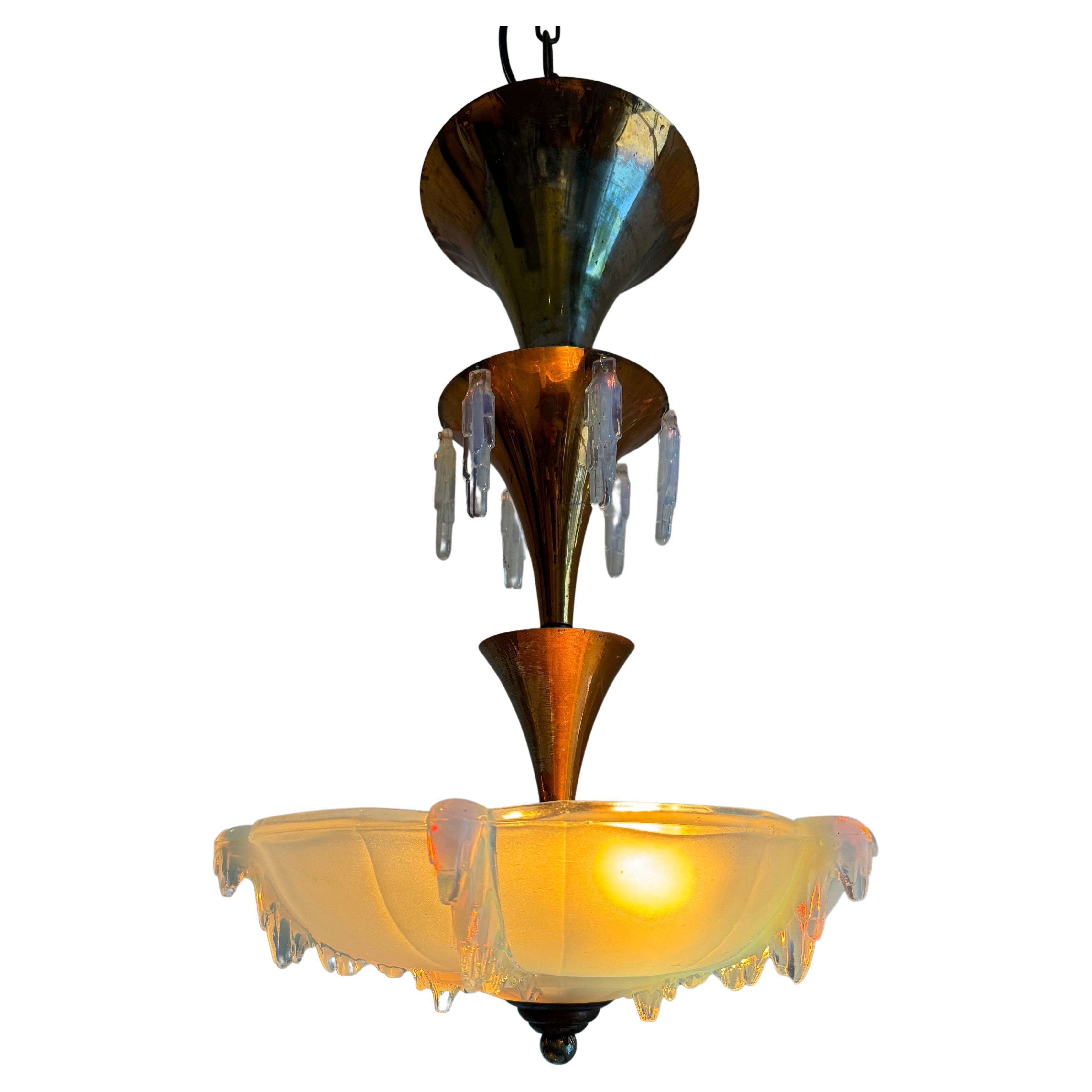Art Deco Opalescent Glass Pendant Light, France circa 1940 For Sale