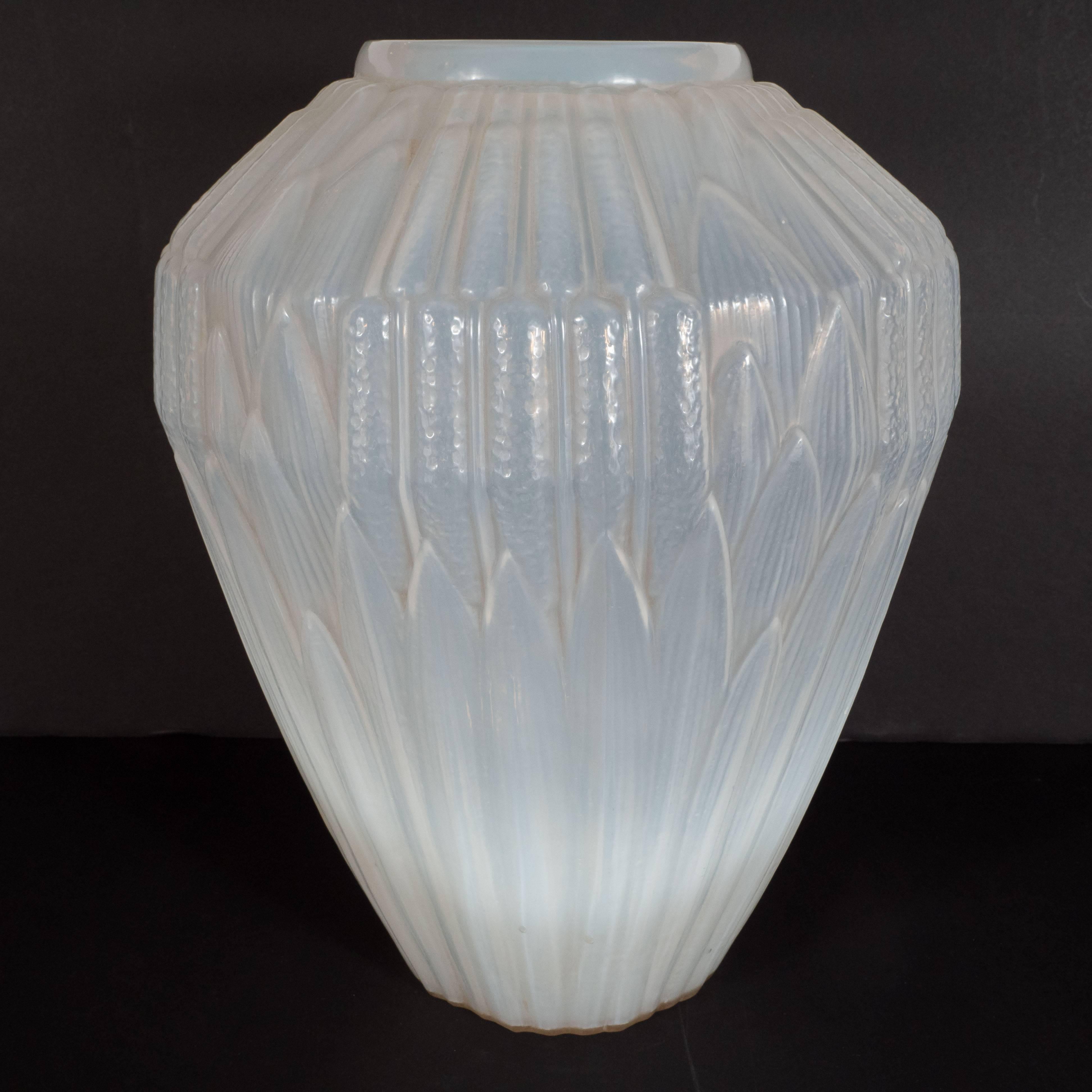 French Art Deco Opalescent Handblown Vase with Geometric Patterns by Andre Hunebelle