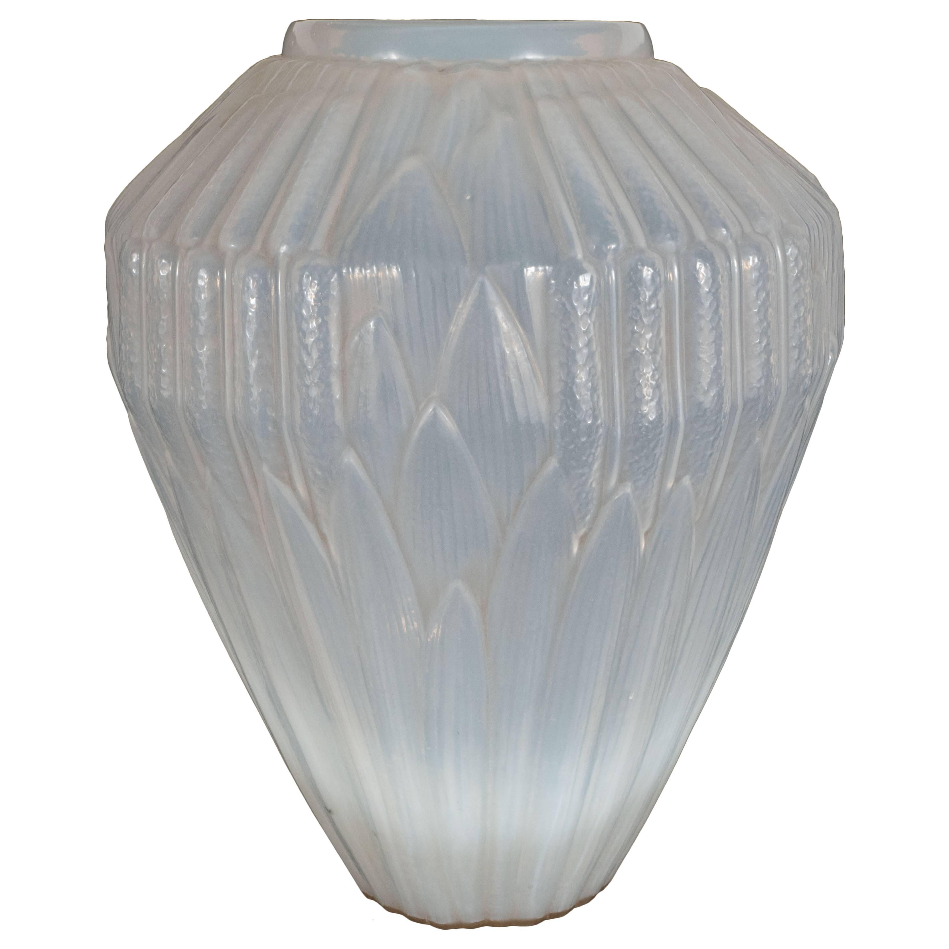 Art Deco Opalescent Handblown Vase with Geometric Patterns by Andre Hunebelle