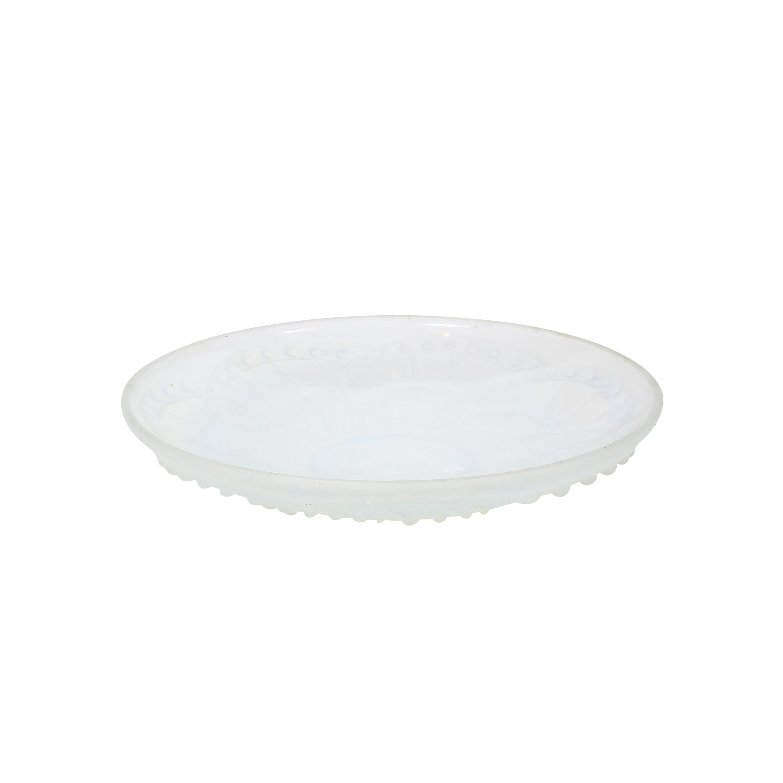 This stunning Art Deco opalescent glass centerpiece bowl is a fine example of early 20th-century French glass artistry by the renowned designer J. Landier. Designed circa 1930, the bowl features the hallmark elegance and geometry of the Art Deco