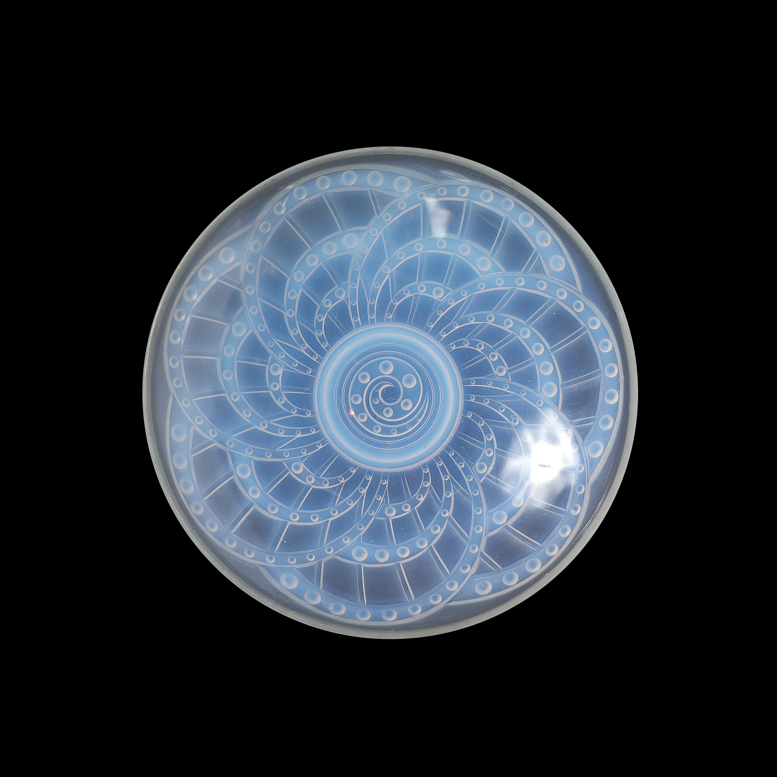 French Art Deco Opalescent Molded and Frosted Glass Centerpiece Bowl Signed J. Landier For Sale