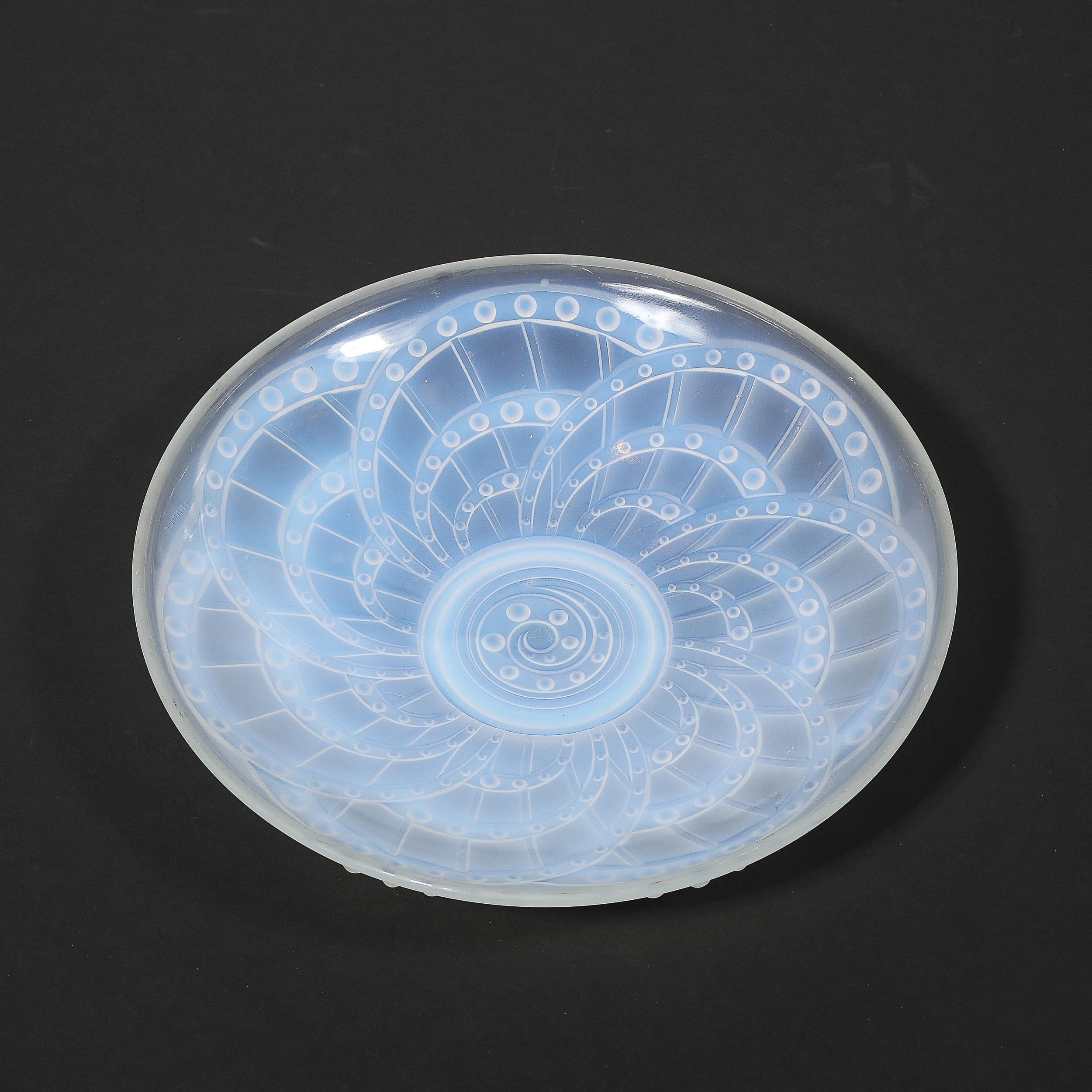Art Deco Opalescent Molded and Frosted Glass Centerpiece Bowl Signed J. Landier For Sale 2