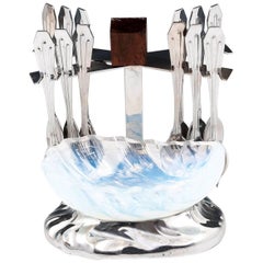 Art Deco Opalescent Oyster Bowl and Spoon Set