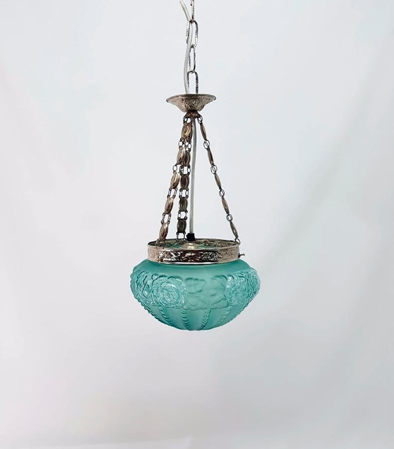 Spanish Art Deco Opaline Aquamarine Green Glass and Engraved Brass Pendant Lamp For Sale