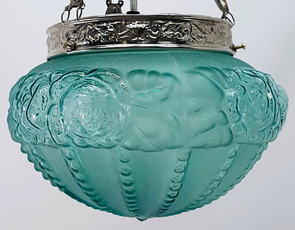 Early 20th Century Art Deco Opaline Aquamarine Green Glass and Engraved Brass Pendant Lamp For Sale