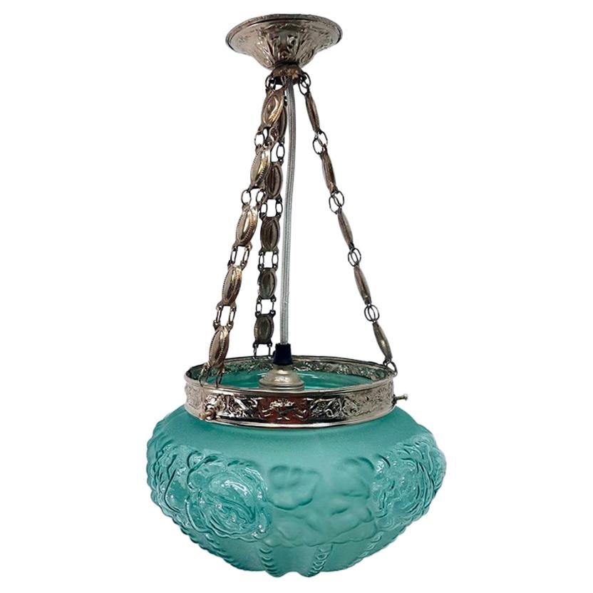 Art Deco Opaline Aquamarine Green Glass and Engraved Brass Pendant Lamp For Sale