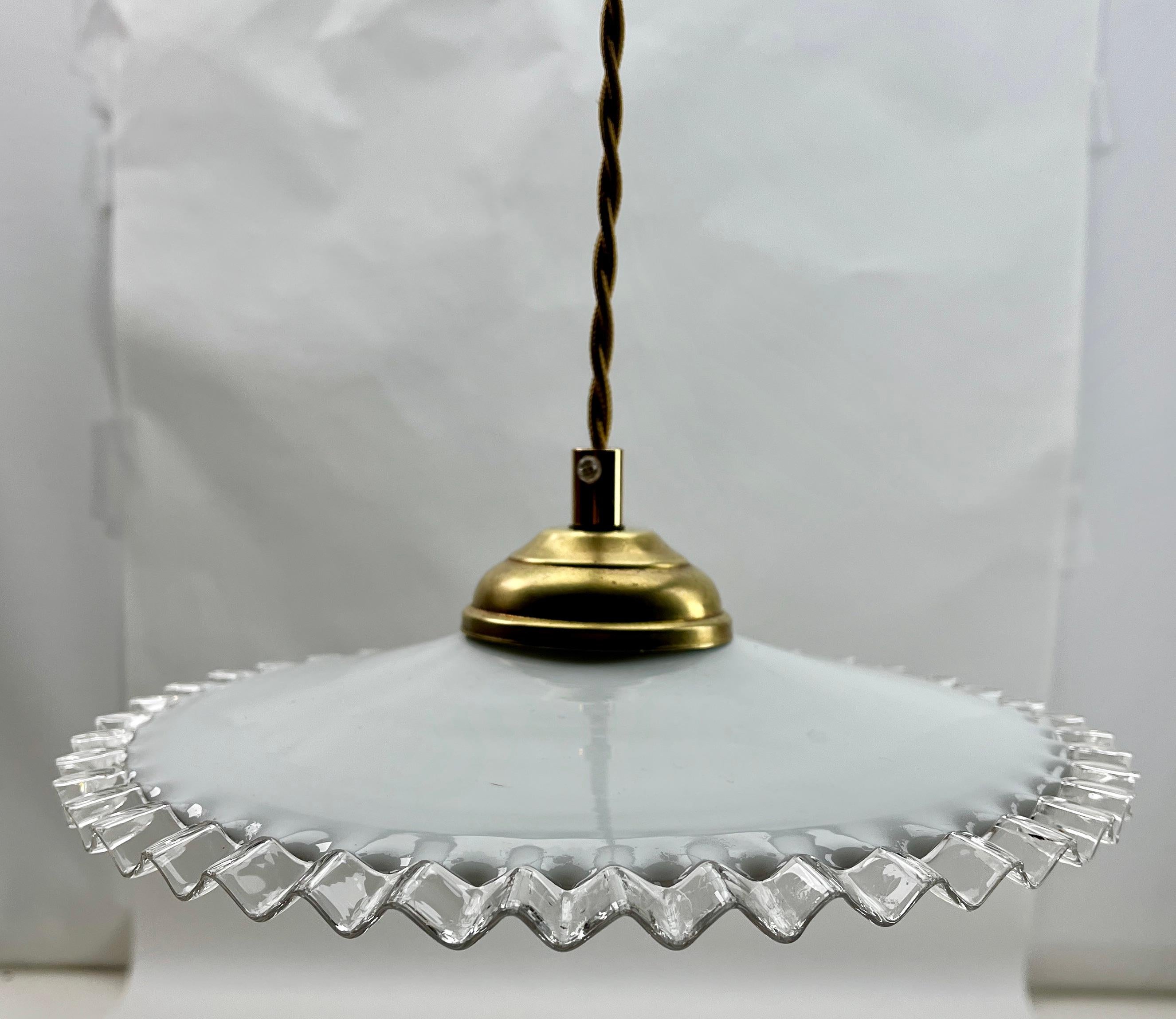Hand-Crafted Art Deco Opaline Ceiling Lamp, Scailmont Belgium Glass Shade, 1930s For Sale