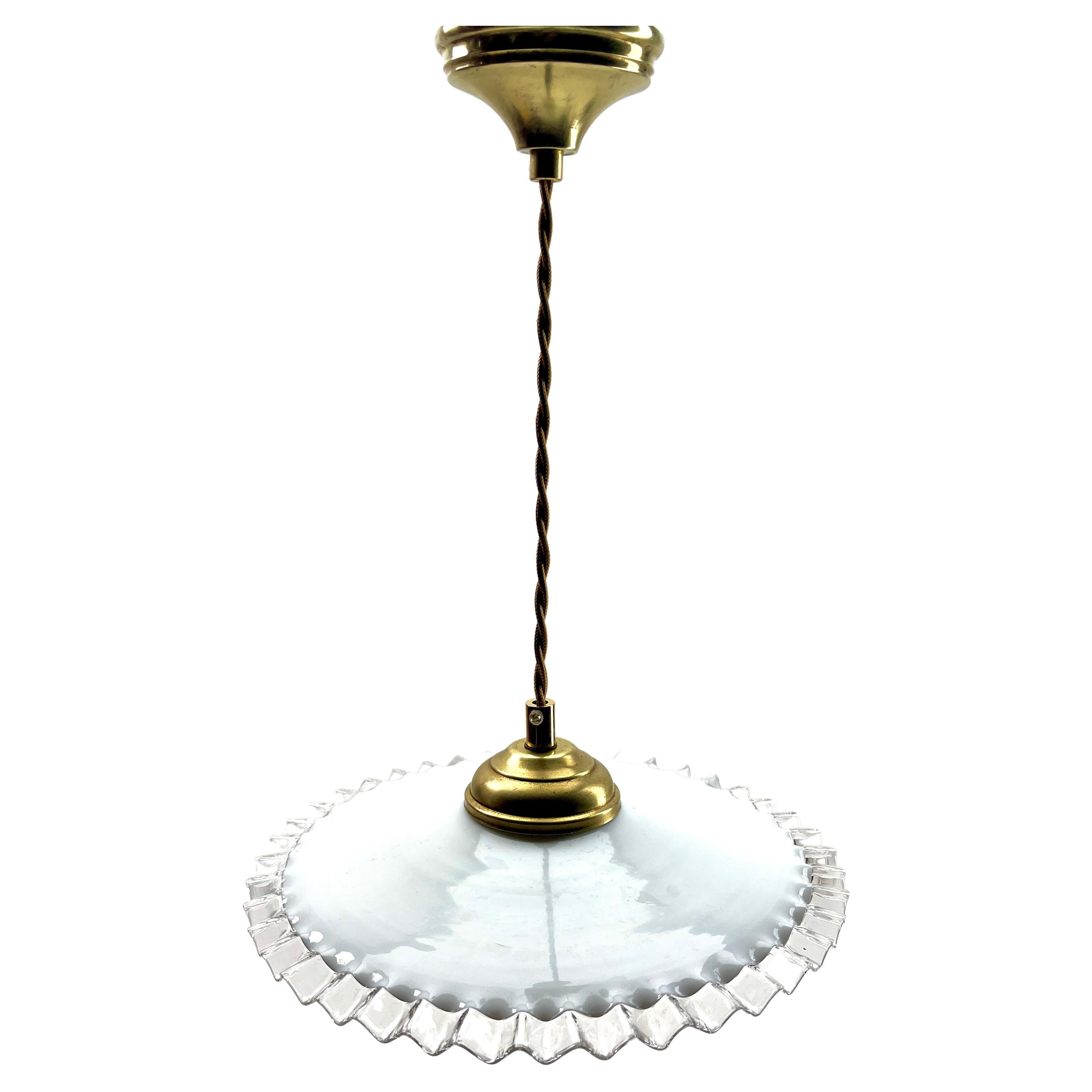 Art Deco Opaline Ceiling Lamp, Scailmont Belgium Glass Shade, 1930s For Sale