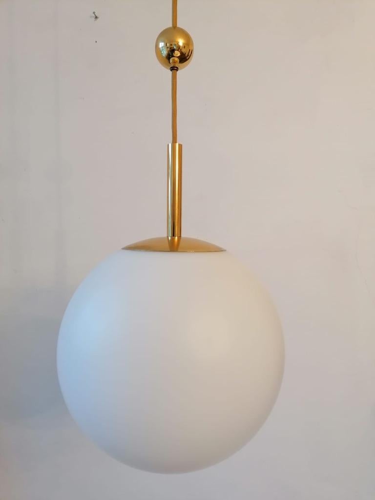 Brass Art Deco Opaline Glass Ball Pendants For Sale