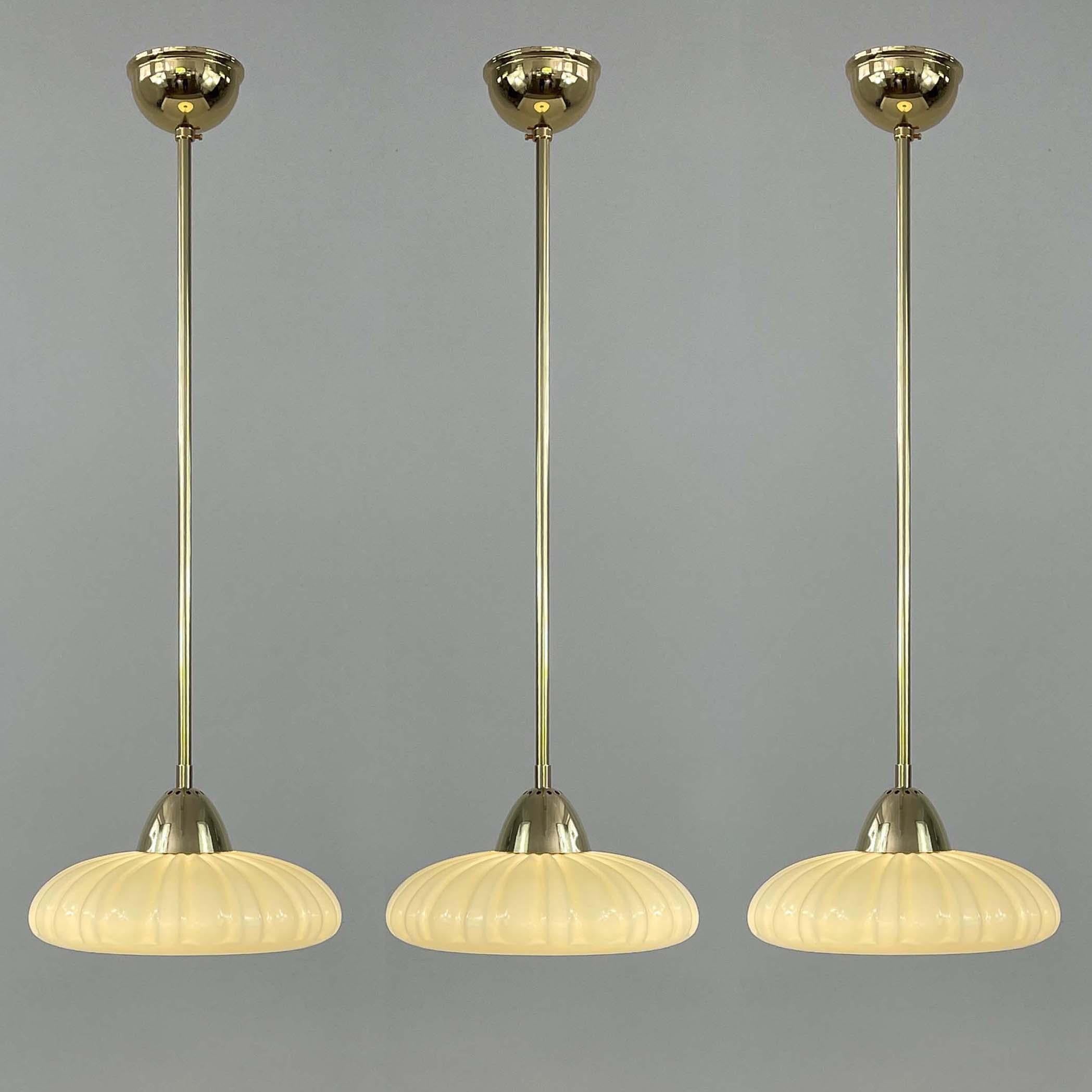 Swedish Art Deco Opaline Glass & Brass Pendant, Sweden 1940s, 4 available For Sale