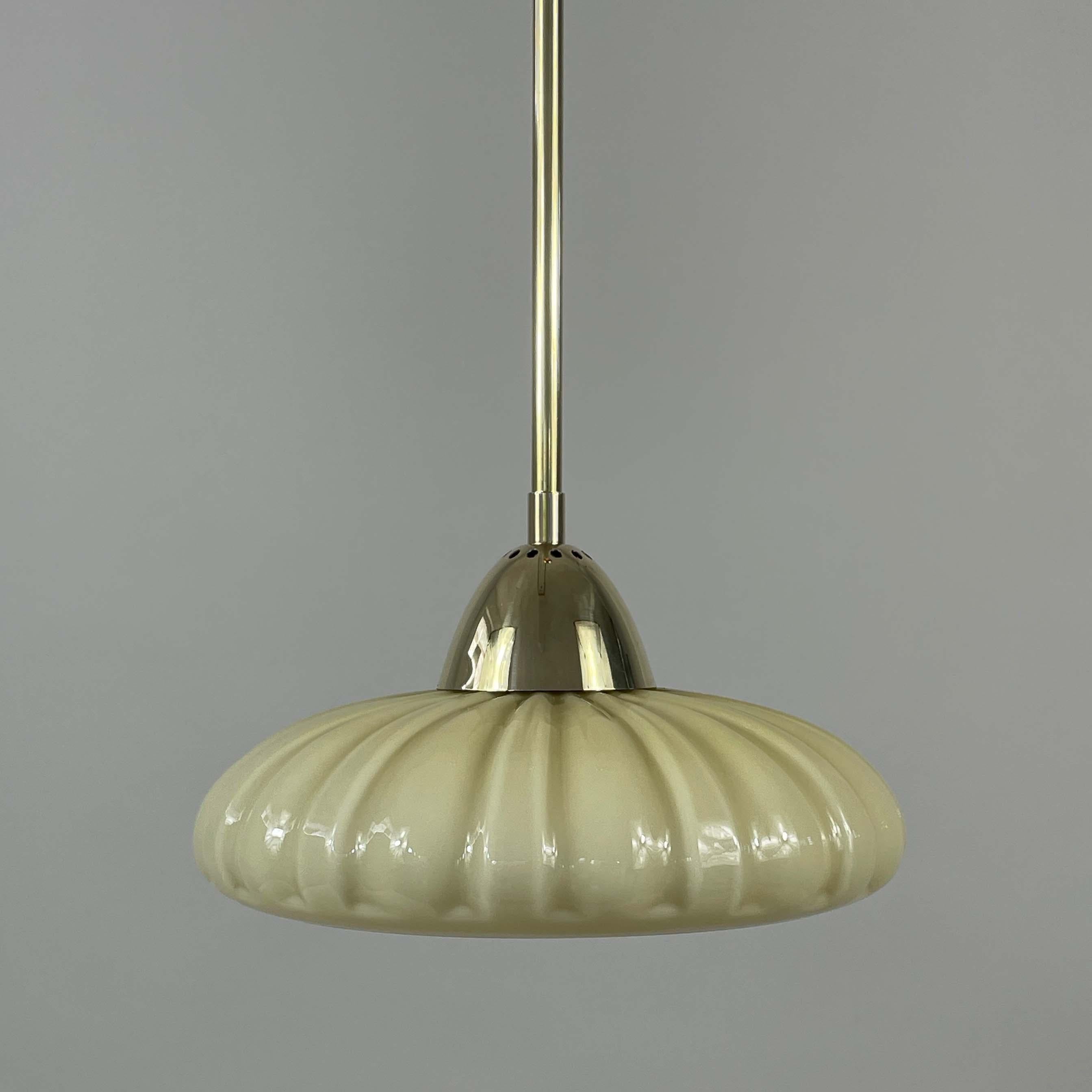 Art Deco Opaline Glass & Brass Pendant, Sweden 1940s, 4 available For Sale 1