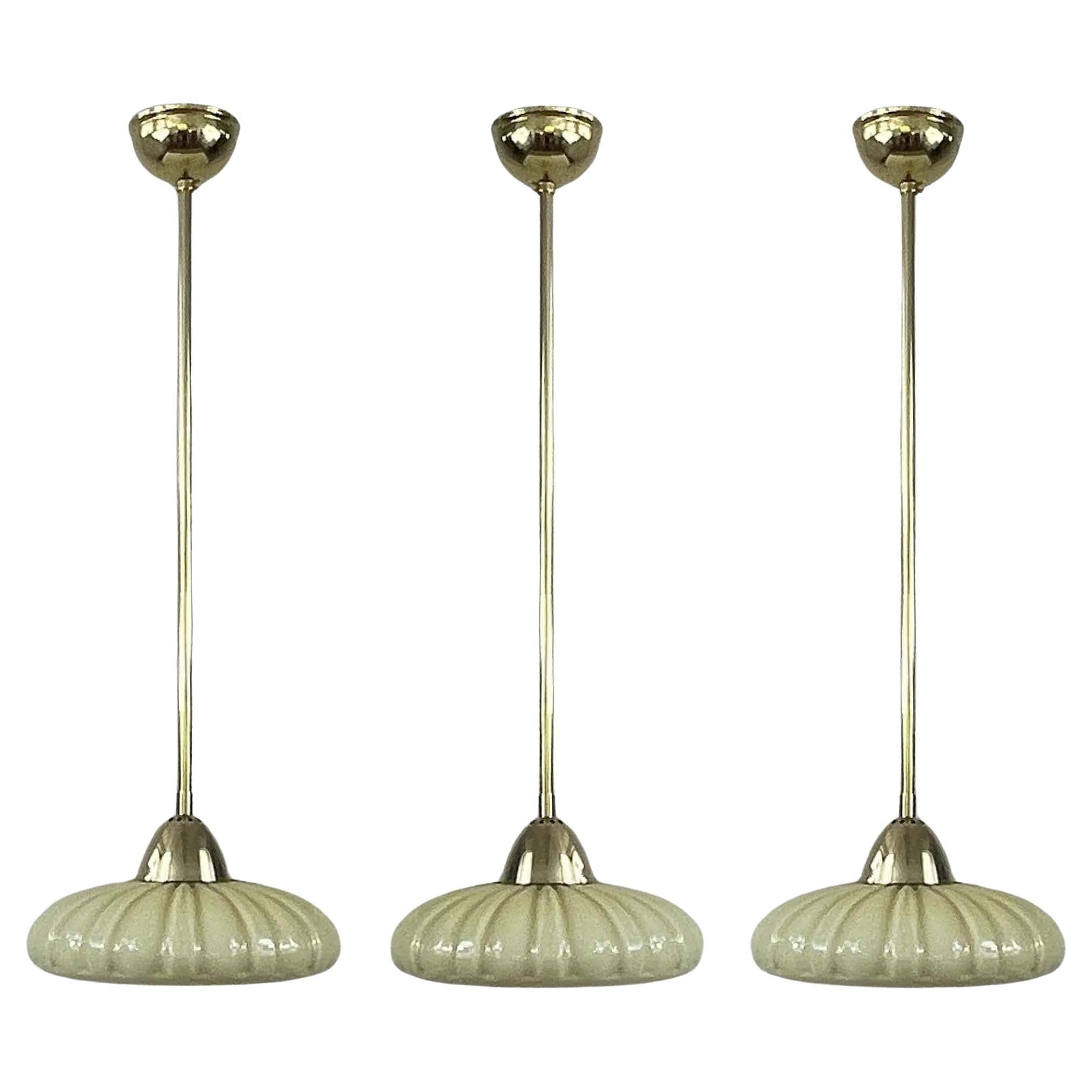 Art Deco Opaline Glass & Brass Pendant, Sweden 1940s, 4 available For Sale