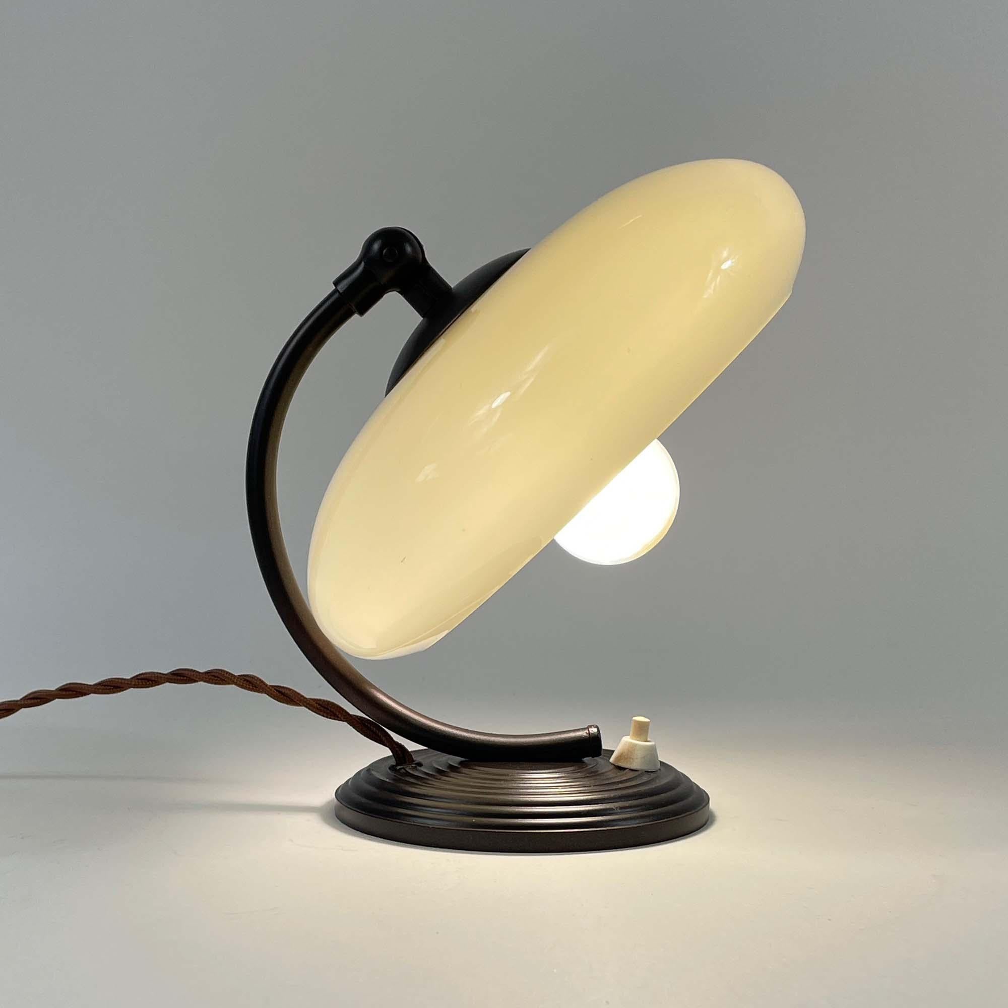 Art Deco Opaline Glass & Bronzed Table Lamp, Germany 1930s For Sale 6