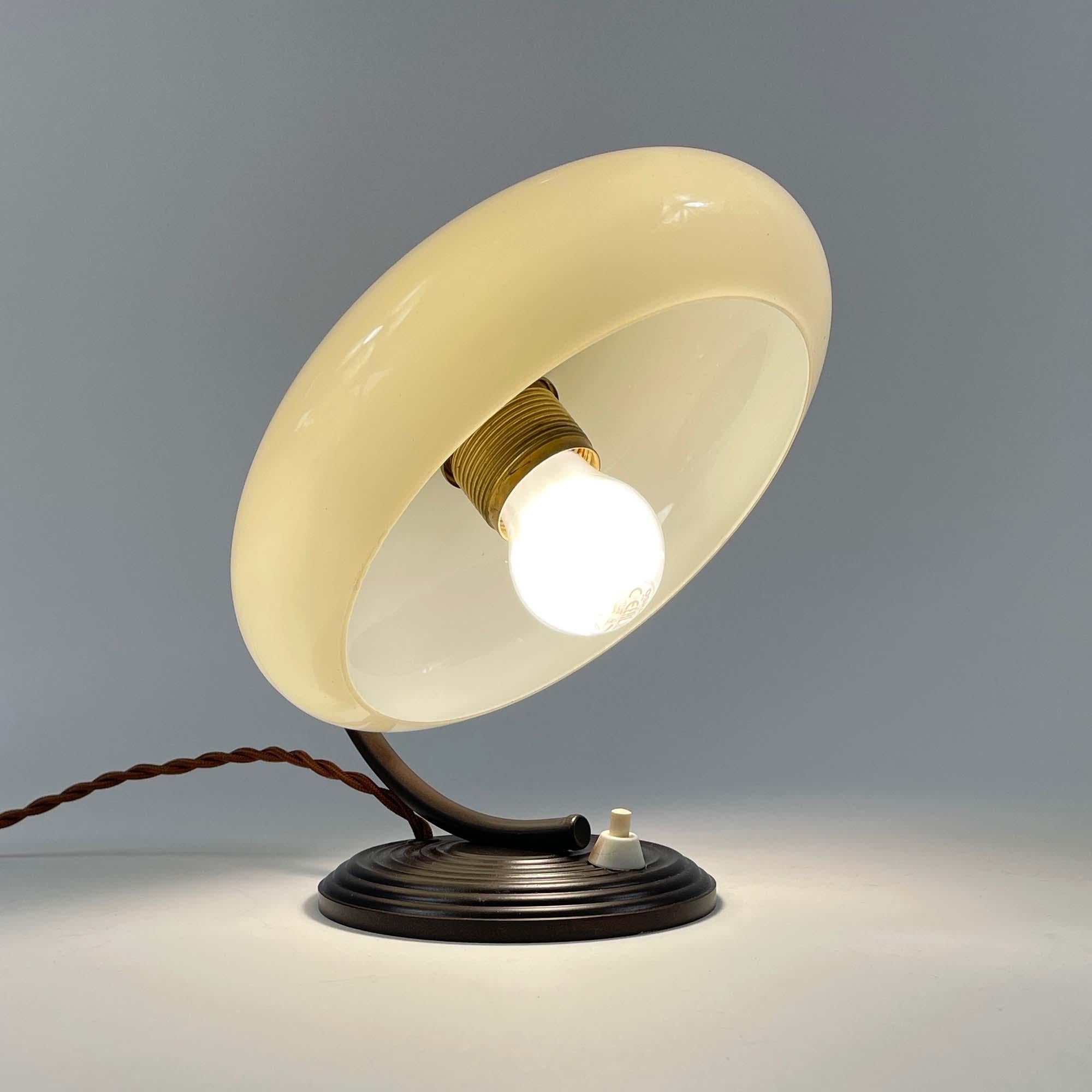 Art Deco Opaline Glass & Bronzed Table Lamp, Germany 1930s For Sale 8