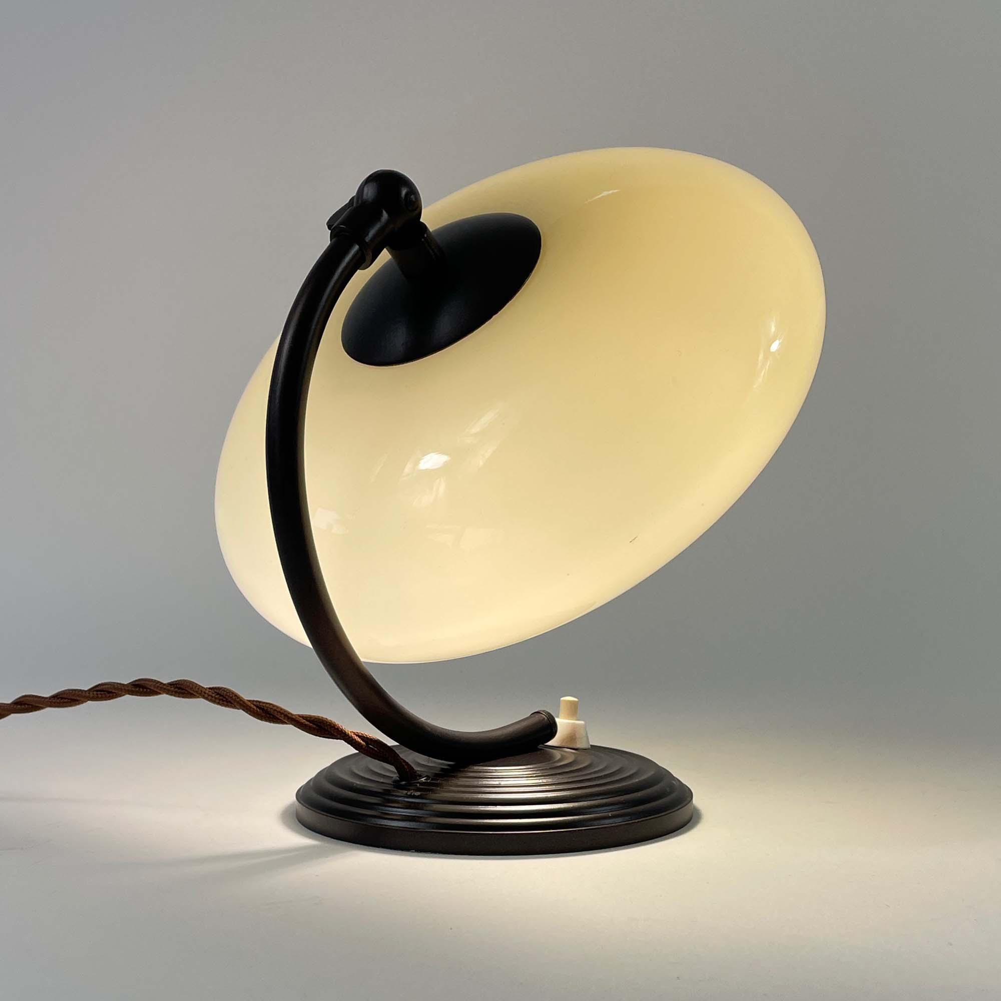 Burnished Art Deco Opaline Glass & Bronzed Table Lamp, Germany 1930s For Sale