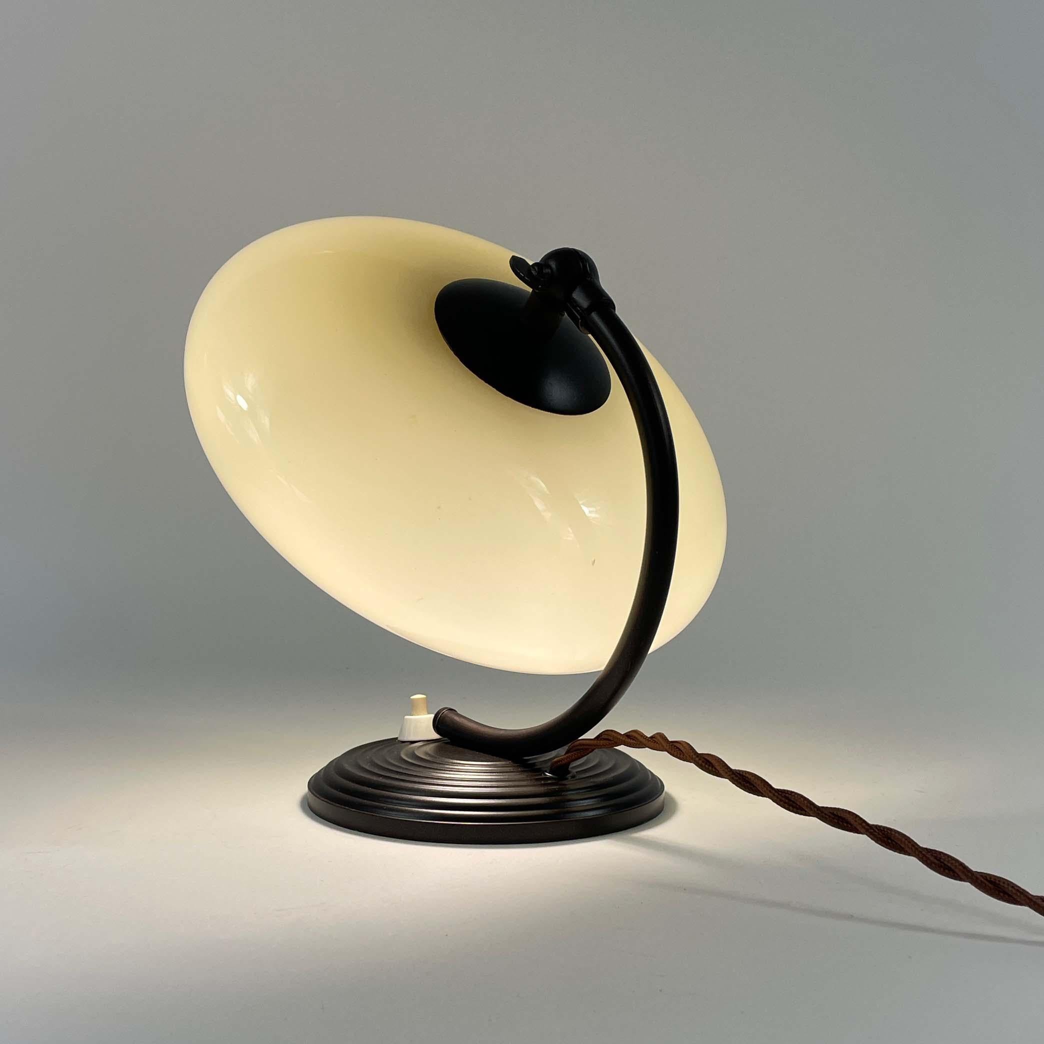 Mid-20th Century Art Deco Opaline Glass & Bronzed Table Lamp, Germany 1930s For Sale