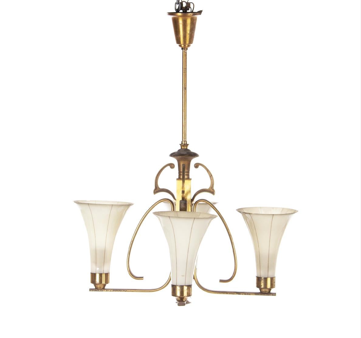 Danish Art Deco Opaline Glass Chandelier For Sale