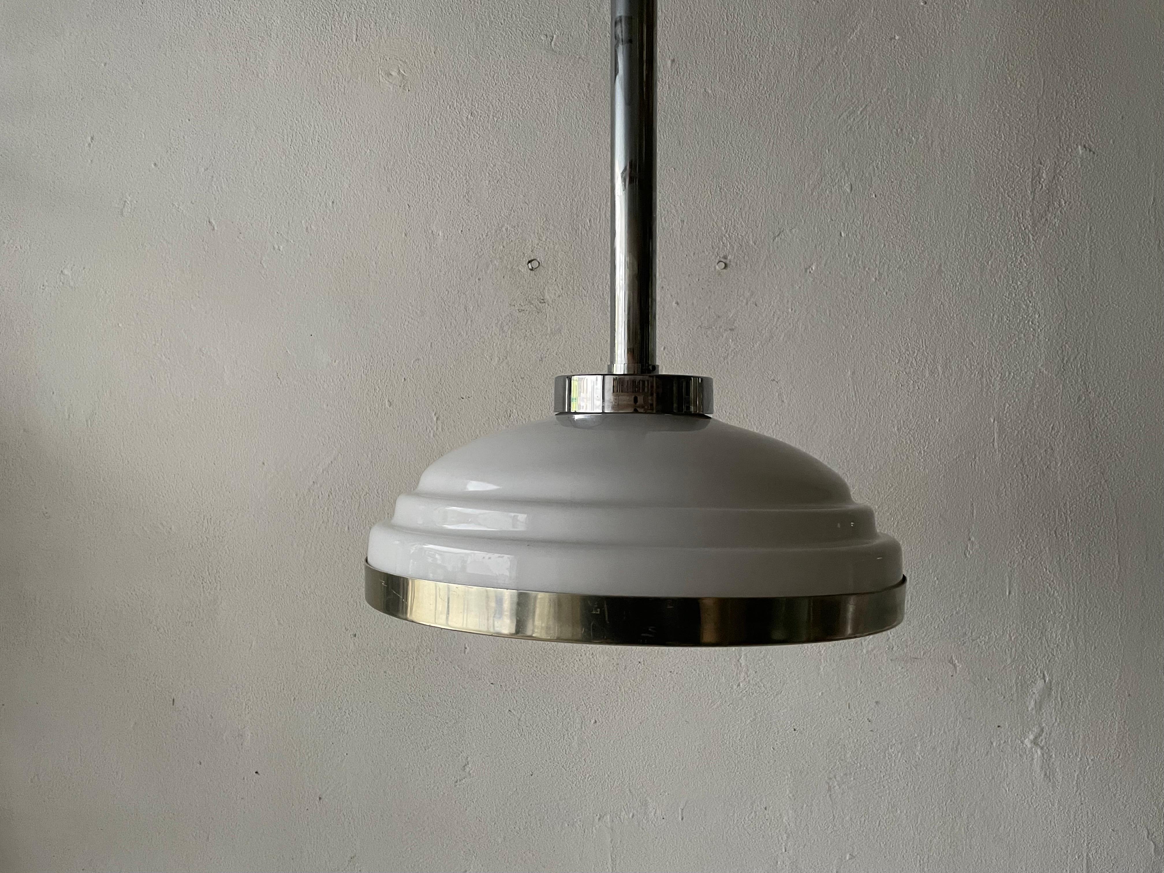 Art Deco Opaline Glass & Chrome Ceiling Lamp, 1940s, Italy

This lamp works with 3x E14 inside, E27 outside

Wired and Suitable to use with 110V-220V in all countries.

Please do not hesitate to ask us for any type of questions.

Measurements: