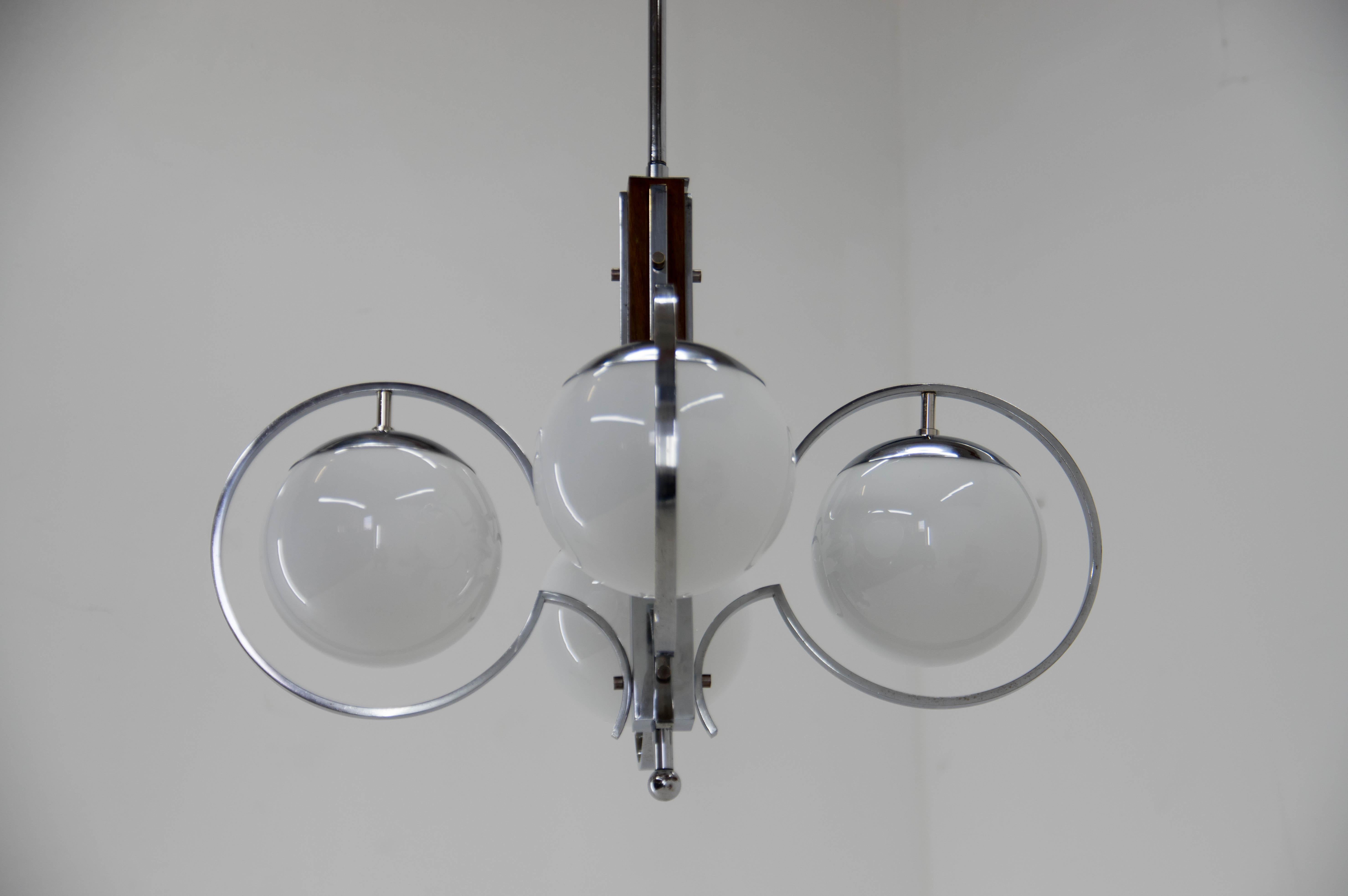 Art Deco Opaline Glass Wood and Chrome Chandelier, 1930s For Sale 7