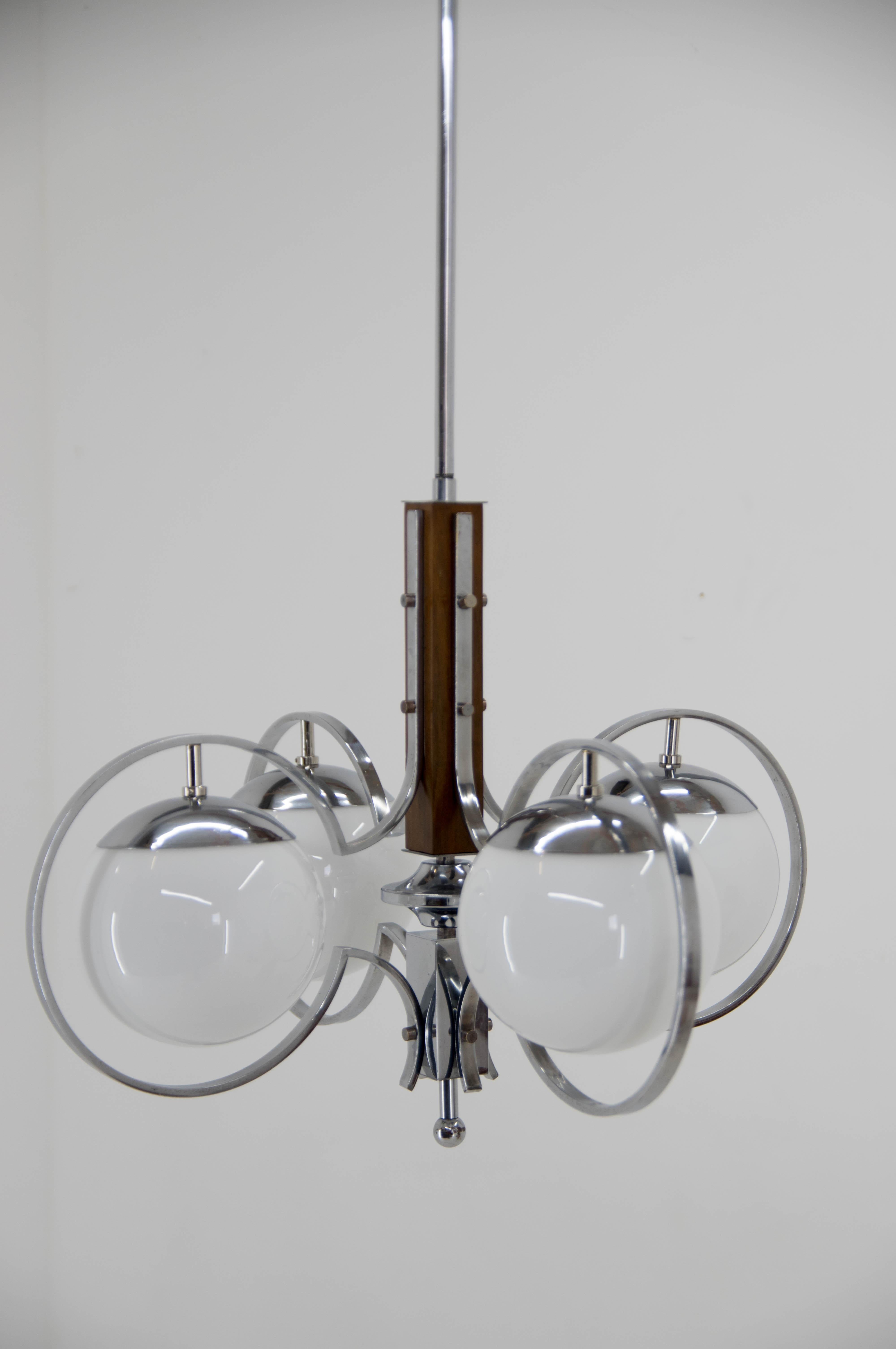 Mid-20th Century Art Deco Opaline Glass Wood and Chrome Chandelier, 1930s For Sale