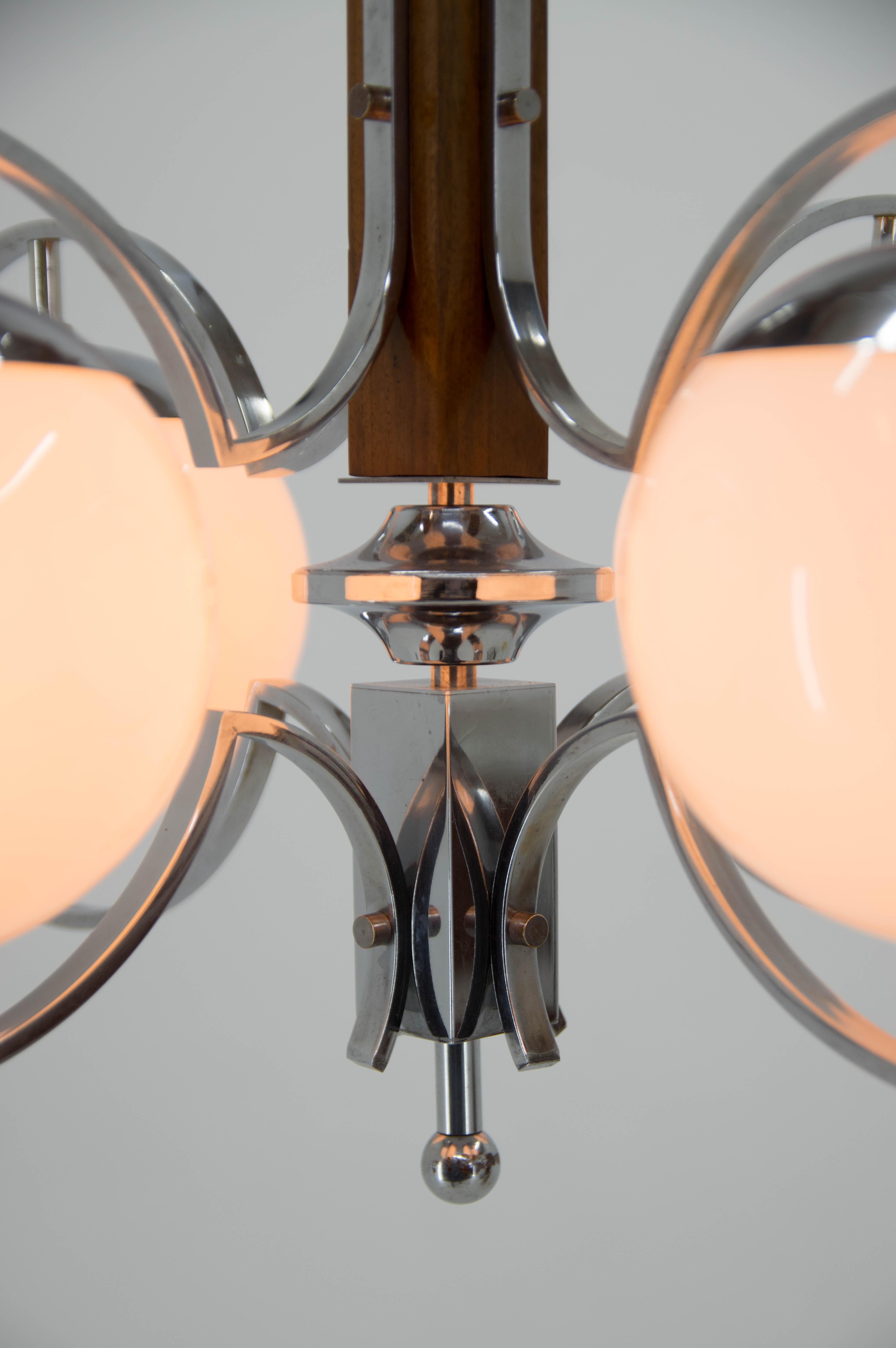 Art Deco Opaline Glass Wood and Chrome Chandelier, 1930s For Sale 1