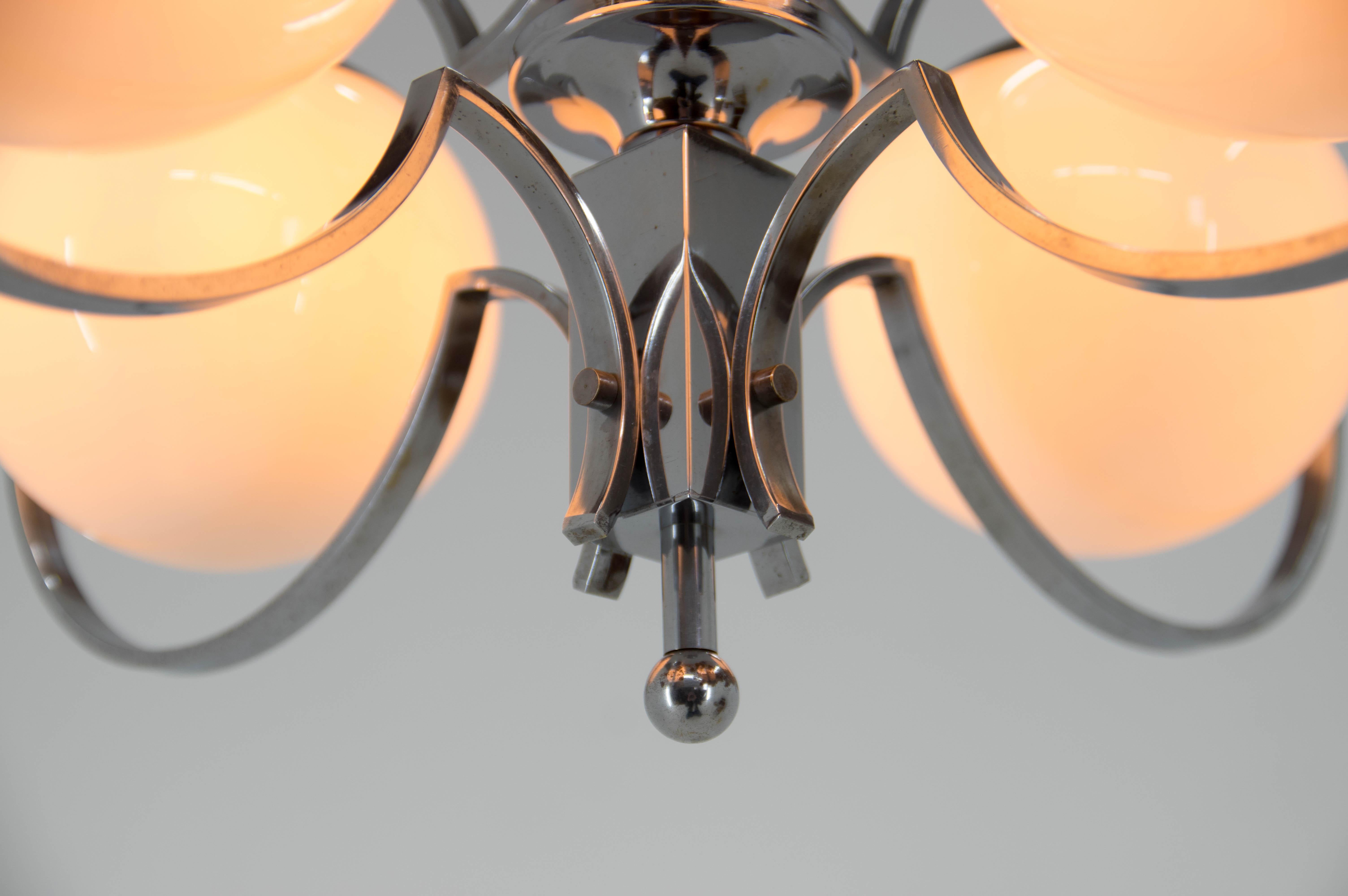Art Deco Opaline Glass Wood and Chrome Chandelier, 1930s For Sale 2